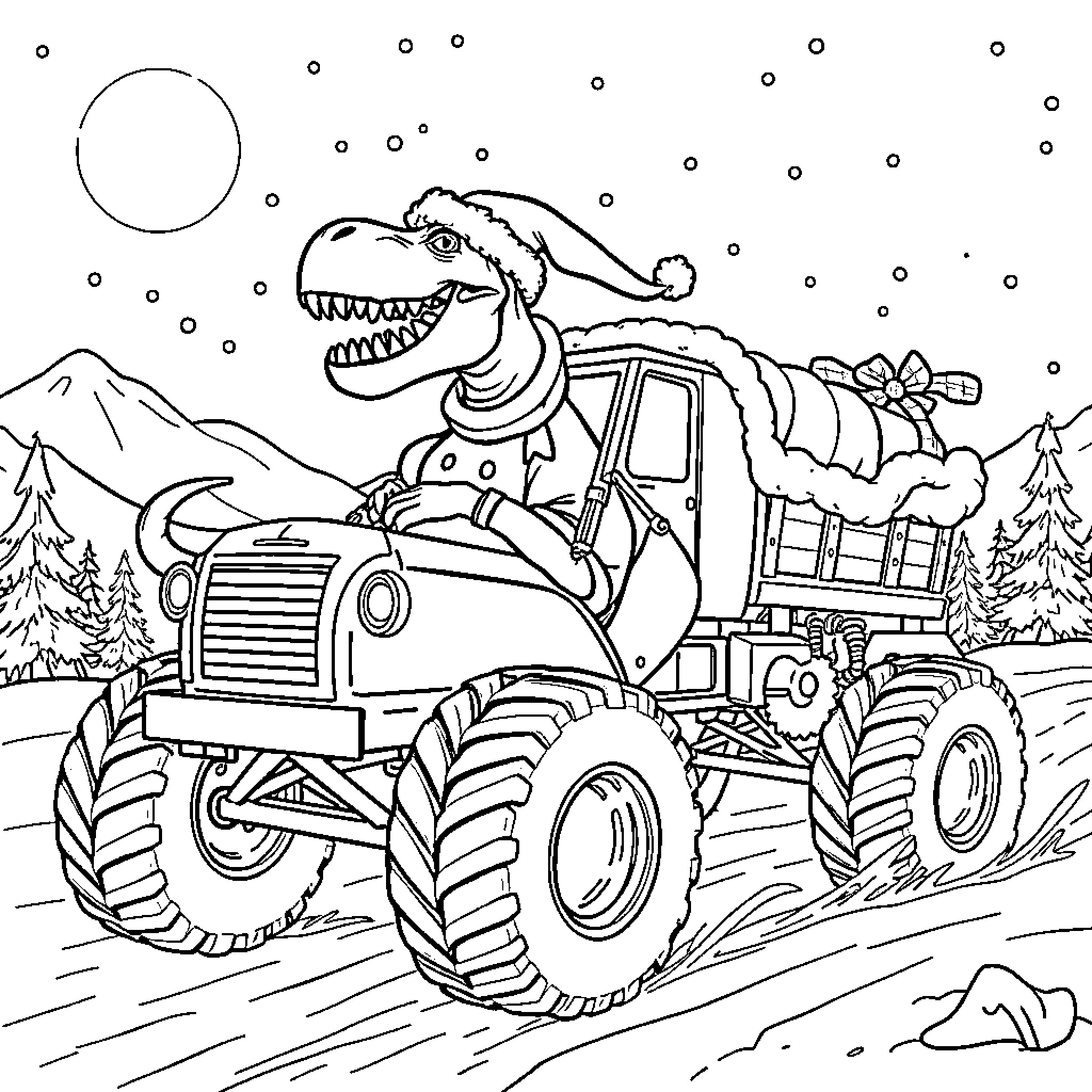 Dinosaur driving a monster truck in a winter landscape Coloring Page (free black-and-white line drawing printable PDF for all, from beginners to advanced learners, including children, teens, adults, and seniors)
