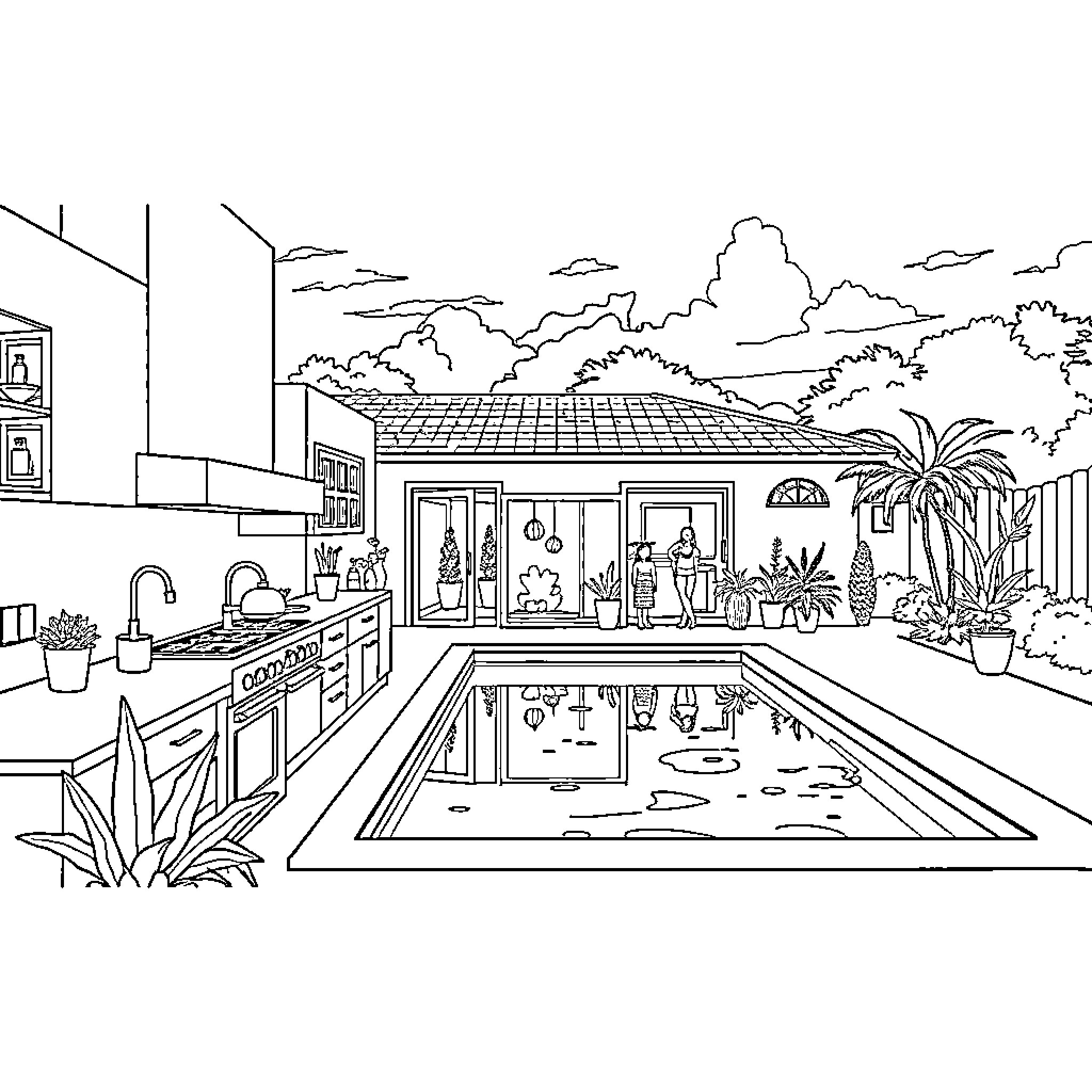 Hero Relaxes by Poolside in Tropical Paradise Coloring Page (free black-and-white line drawing printable PDF for all, from beginners to advanced learners, including children, teens, adults, and seniors)