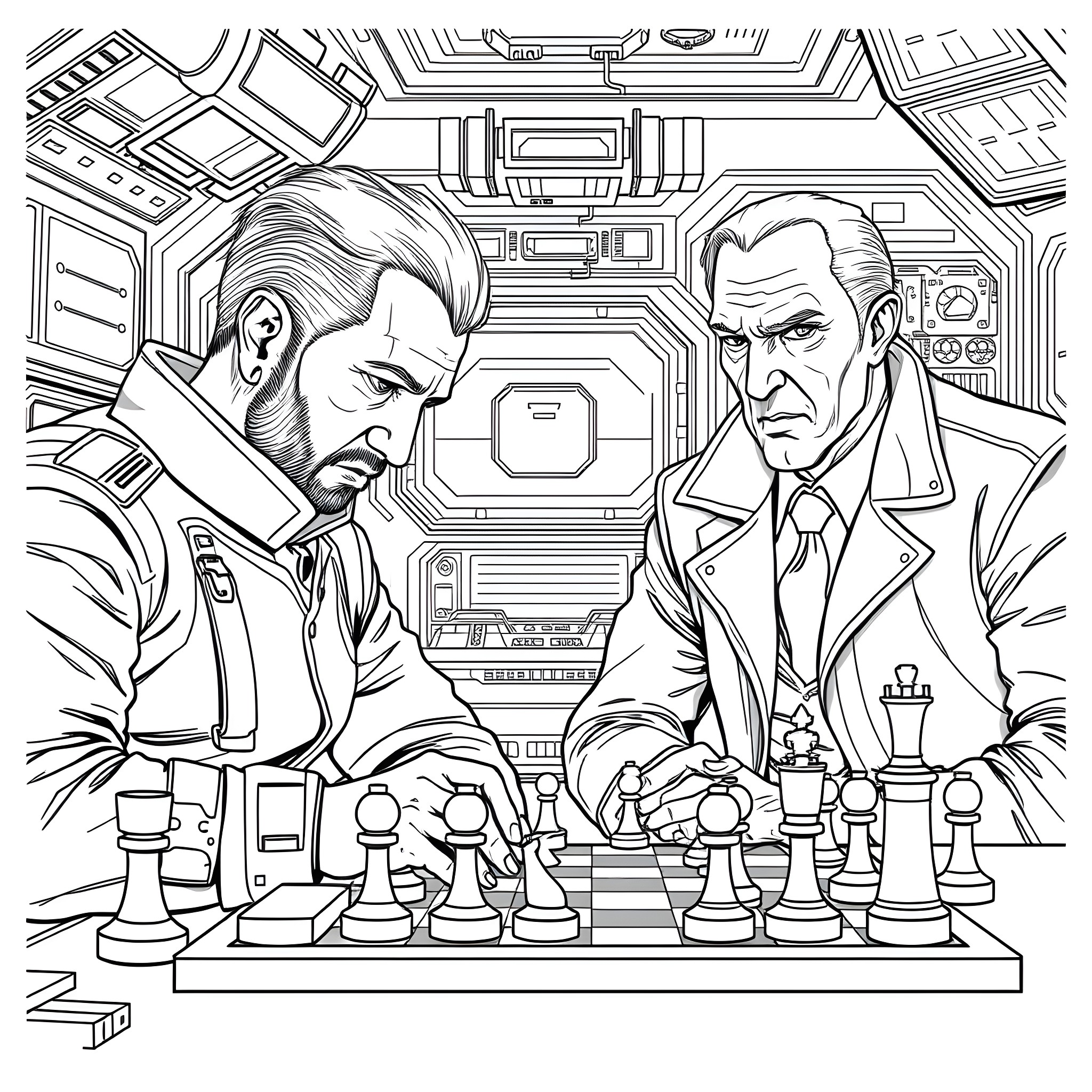 Commander Shepherd playing chess with a seasoned commander Coloring Page (free black-and-white line drawing printable PDF for all, from beginners to advanced learners, including children, teens, adults, and seniors)