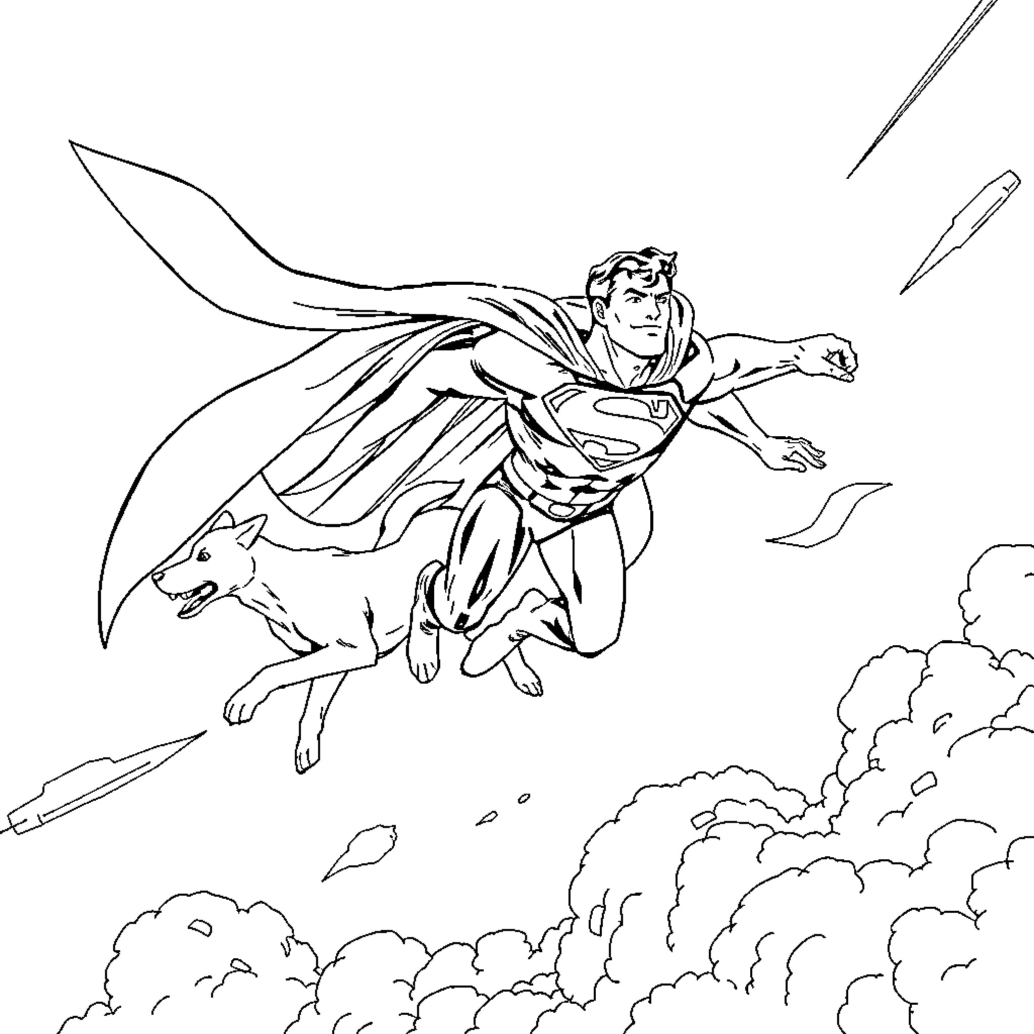 Superman heroically soaring through the sky Coloring Page (free black-and-white line drawing printable PDF for all, from beginners to advanced learners, including children, teens, adults, and seniors)