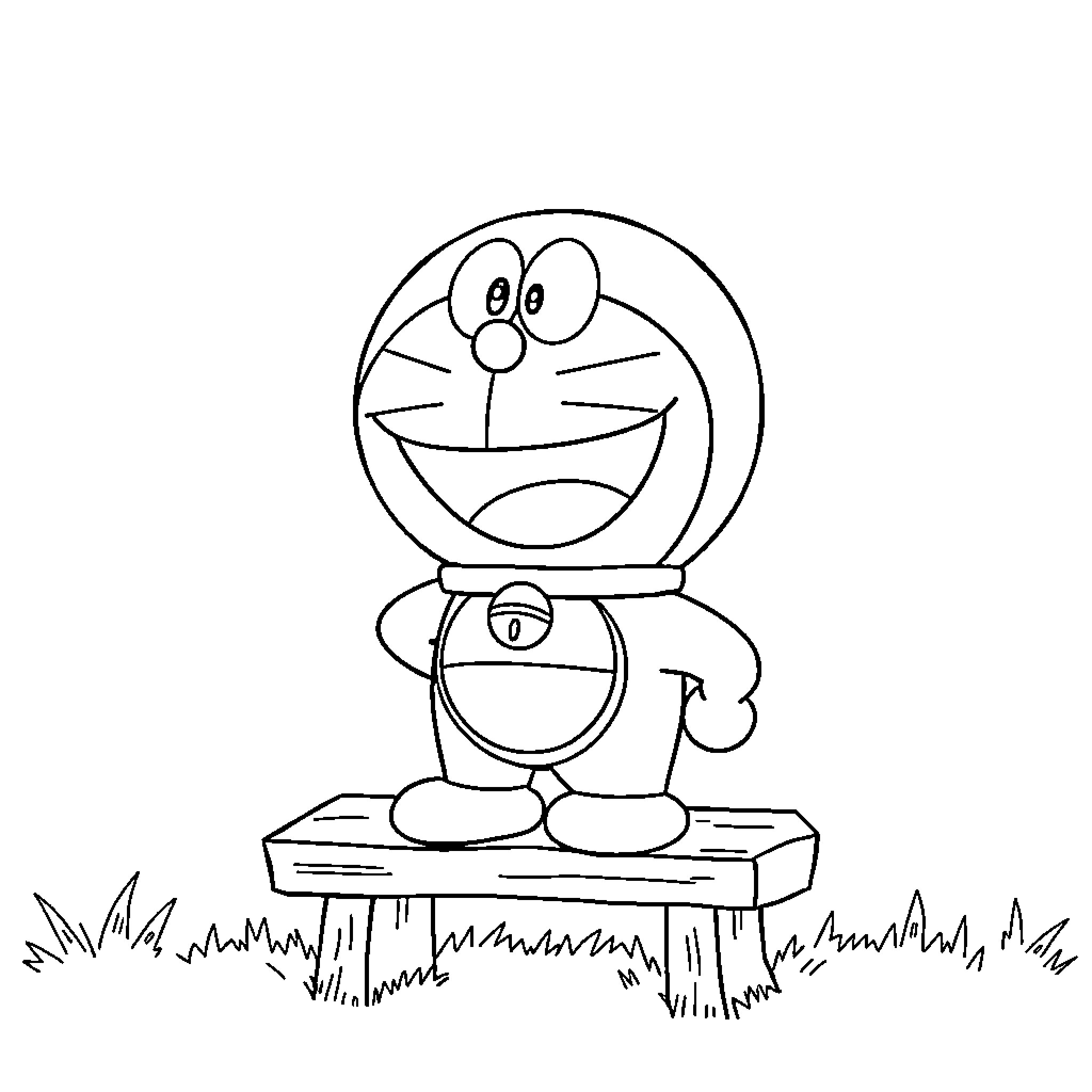 Doraemon standing happily on a platform Coloring Page (free black-and-white line drawing printable PDF for all, from beginners to advanced learners, including children, teens, adults, and seniors)