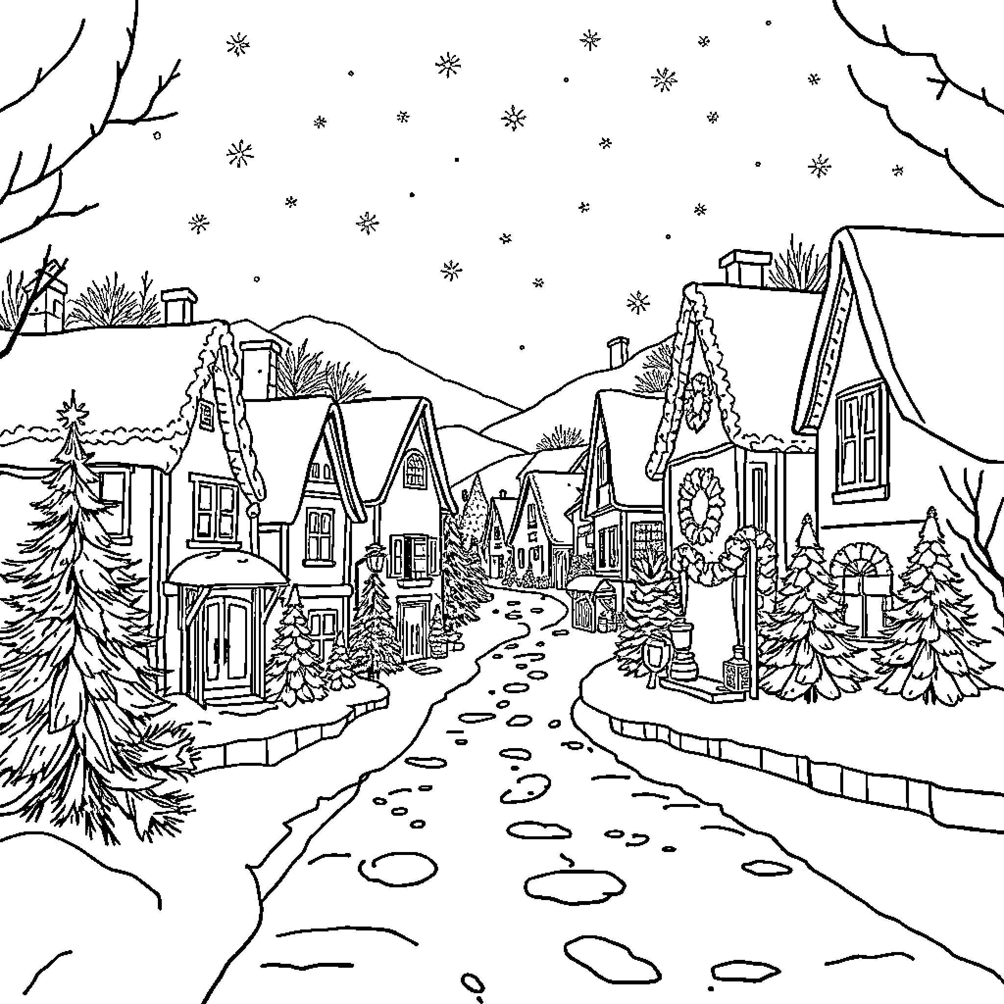 Village Blanketed in Winter Wonderland Coloring Page (free black-and-white line drawing printable PDF for all, from beginners to advanced learners, including children, teens, adults, and seniors)