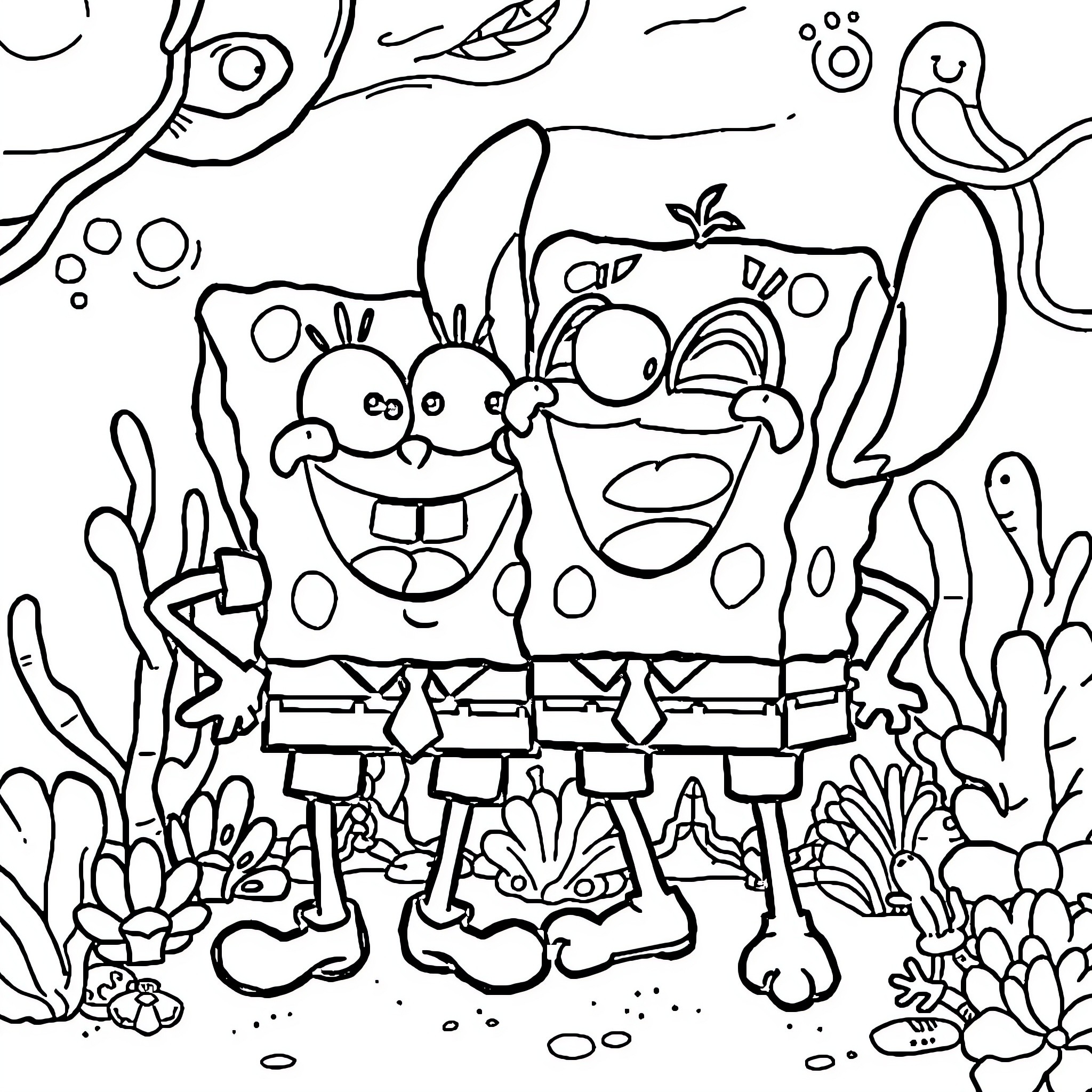 Spongebob and Patrick in a Whimsical Underwater Scene Coloring Page (free black-and-white line drawing printable PDF for all, from beginners to advanced learners, including children, teens, adults, and seniors)