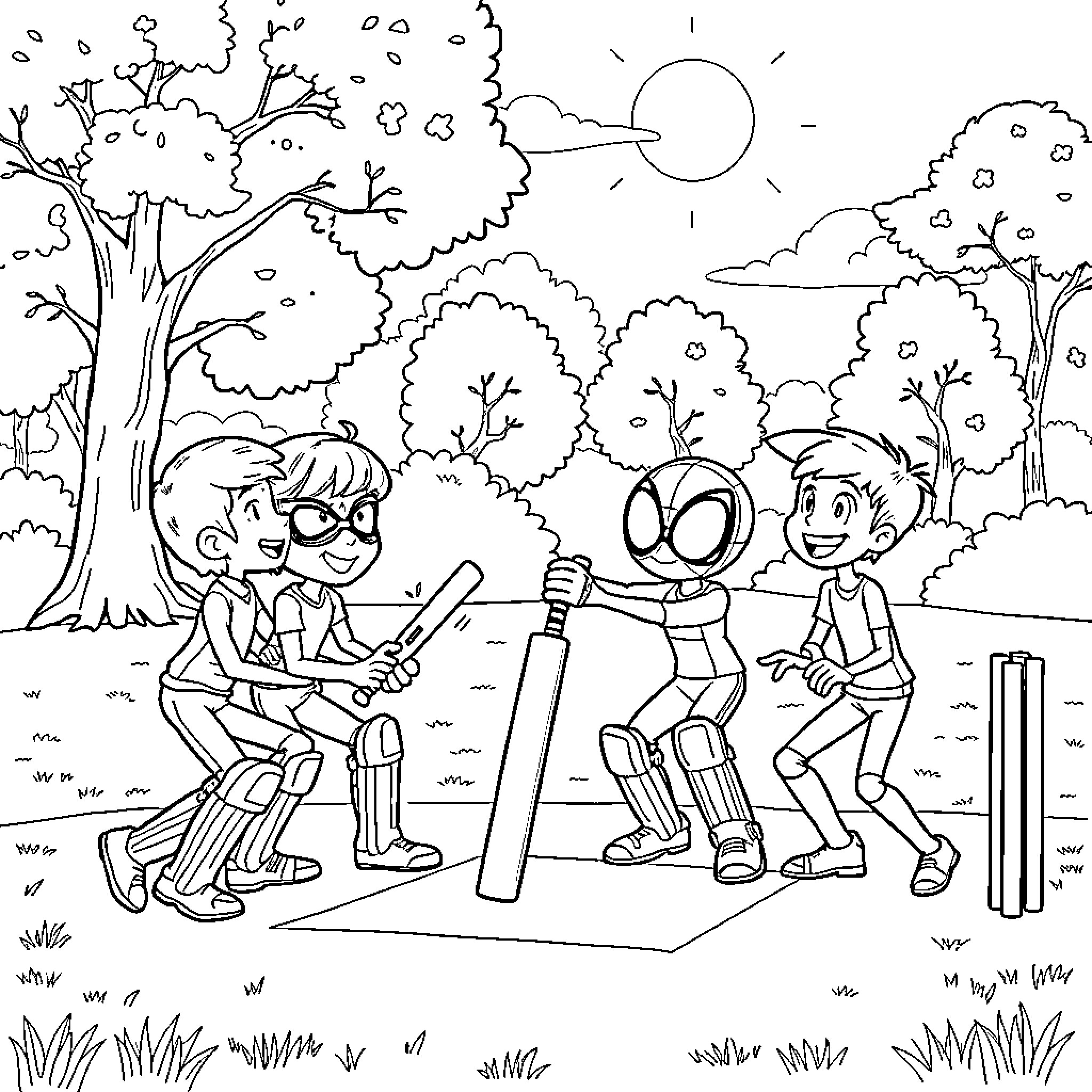 Go Jetters Playing Cricket in Outdoor Park Coloring Page (free black-and-white line drawing printable PDF for all, from beginners to advanced learners, including children, teens, adults, and seniors)