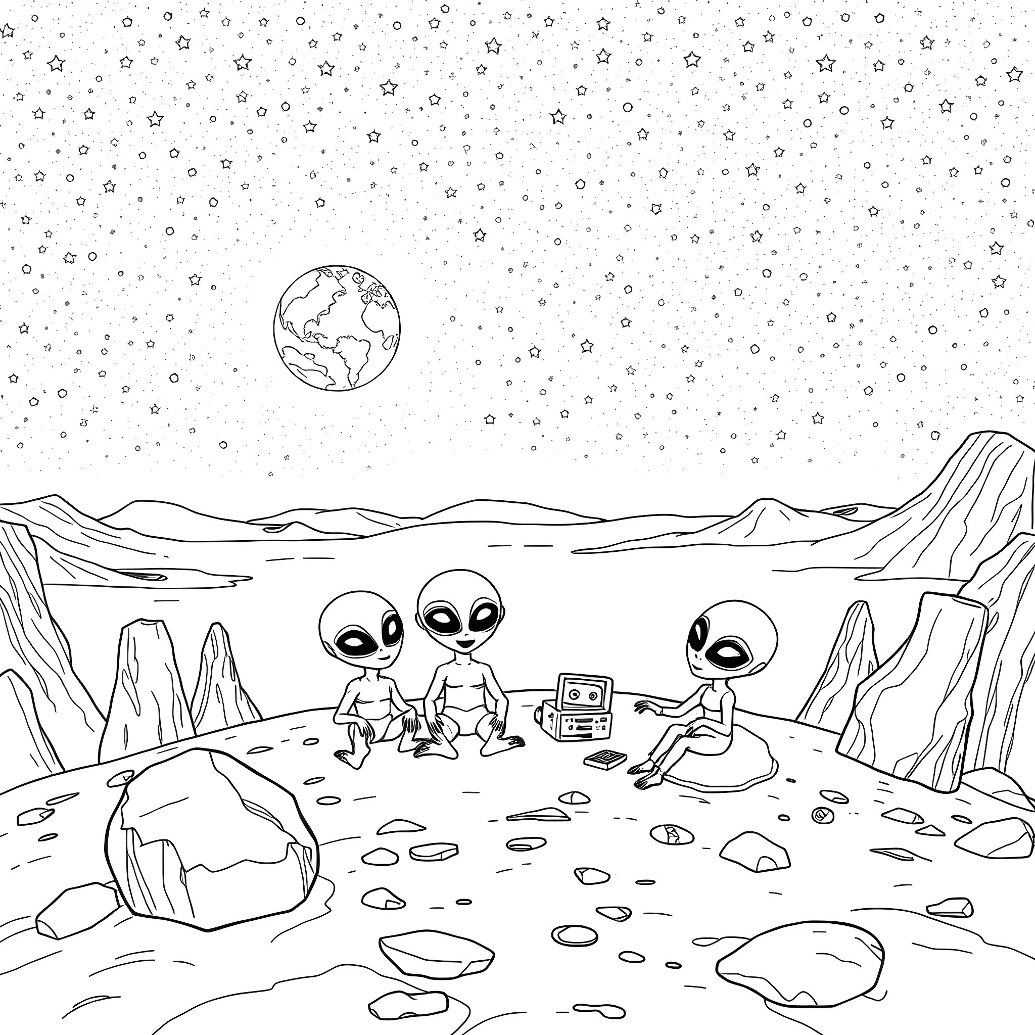 Alien explorers examining the landscape on an extraterrestrial planet Coloring Page (free black-and-white line drawing printable PDF for all, from beginners to advanced learners, including children, teens, adults, and seniors)