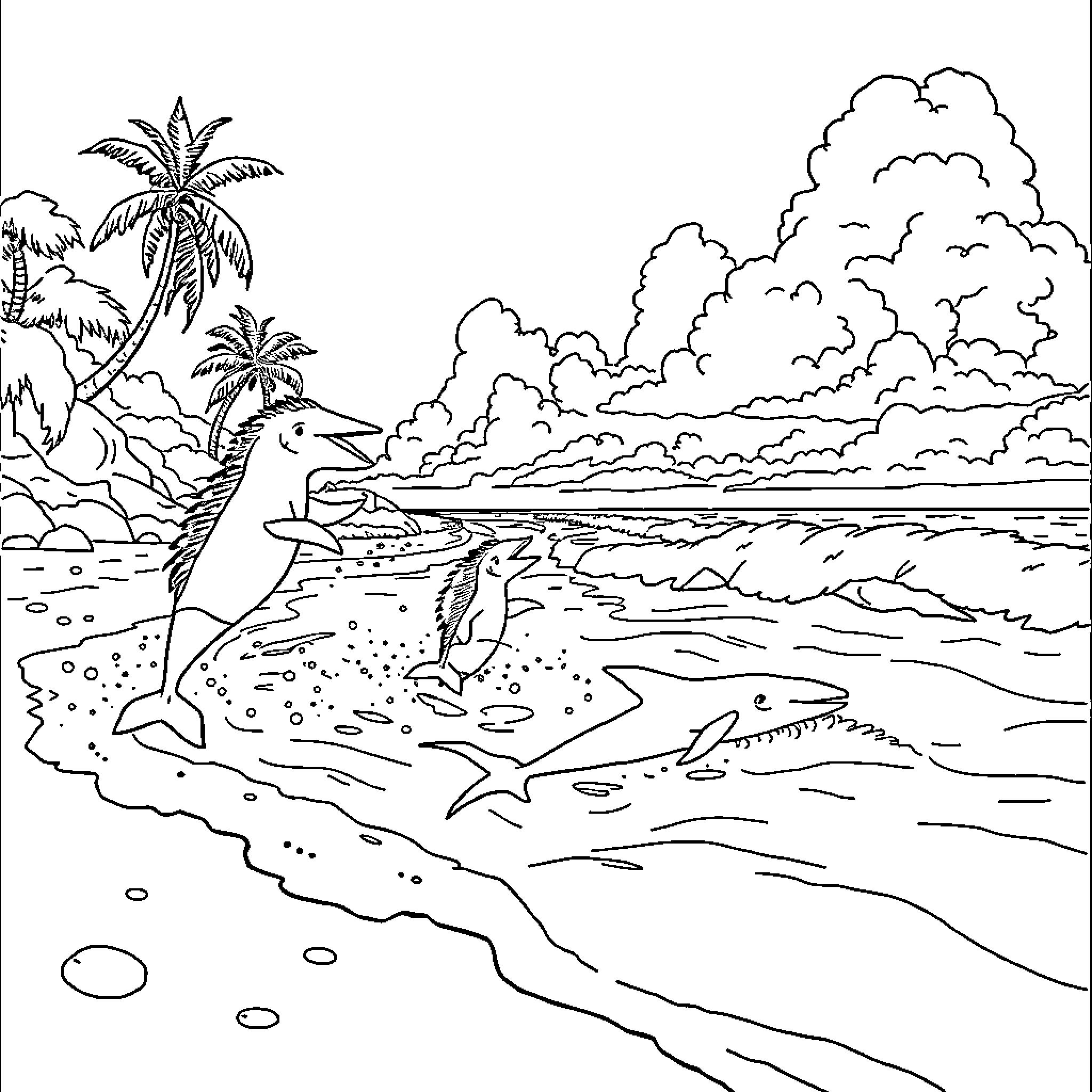 Capybara relaxing on tropical beach Coloring Page (free black-and-white line drawing printable PDF for all, from beginners to advanced learners, including children, teens, adults, and seniors)