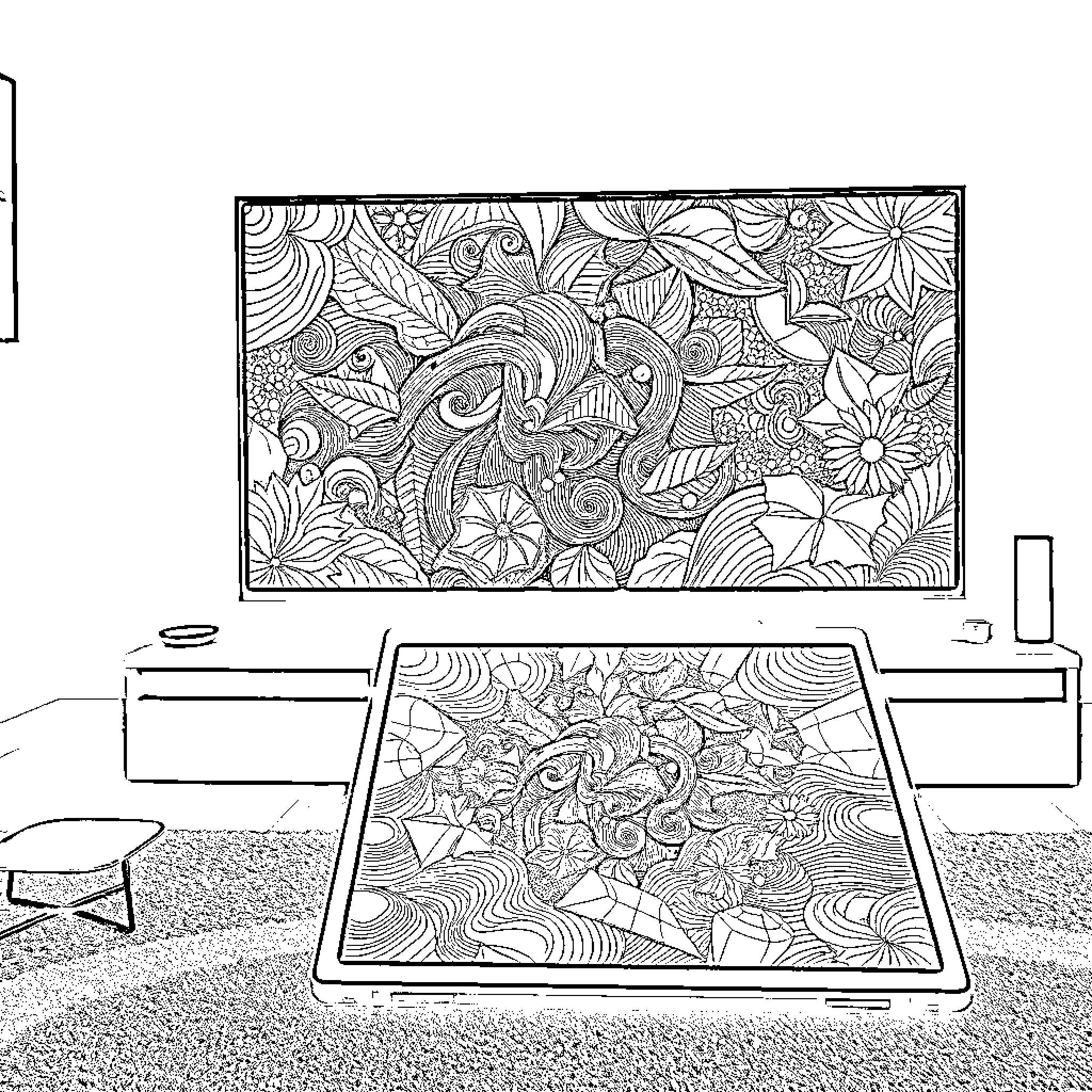 HP Chromebook with floral and abstract pattern design Coloring Page (free black-and-white line drawing printable PDF for all, from beginners to advanced learners, including children, teens, adults, and seniors)