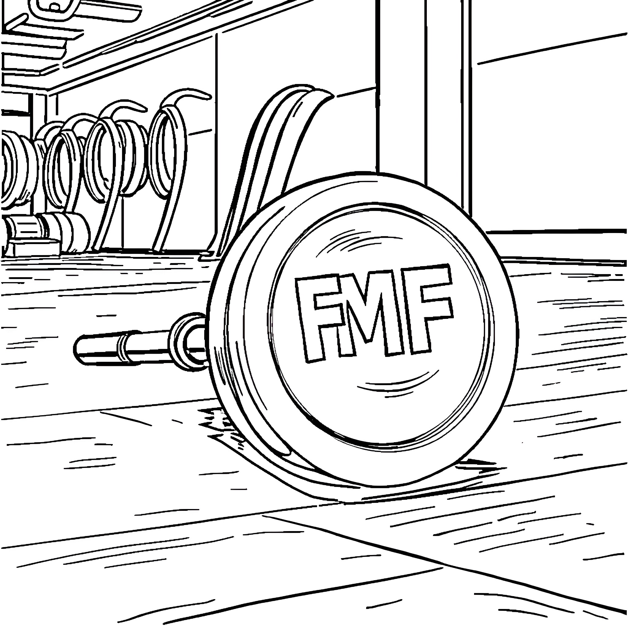 Barbell with FMF logo in gym setting Coloring Page (free black-and-white line drawing printable PDF for all, from beginners to advanced learners, including children, teens, adults, and seniors)