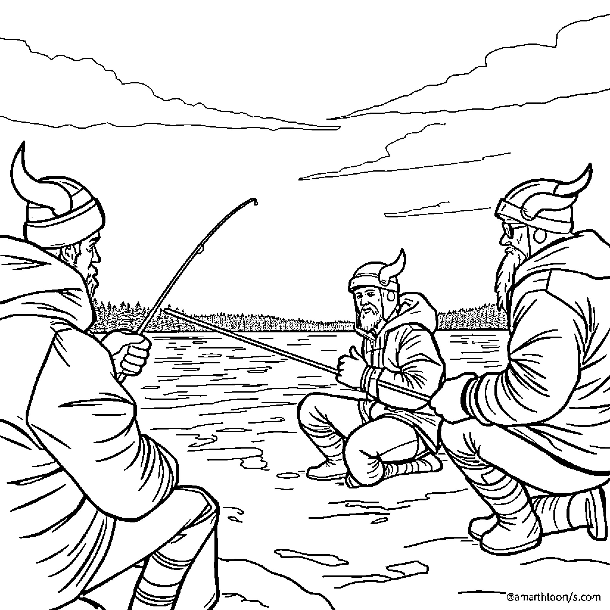 Vikings engaged in fierce battle on the open field Coloring Page (free black-and-white line drawing printable PDF for all, from beginners to advanced learners, including children, teens, adults, and seniors)