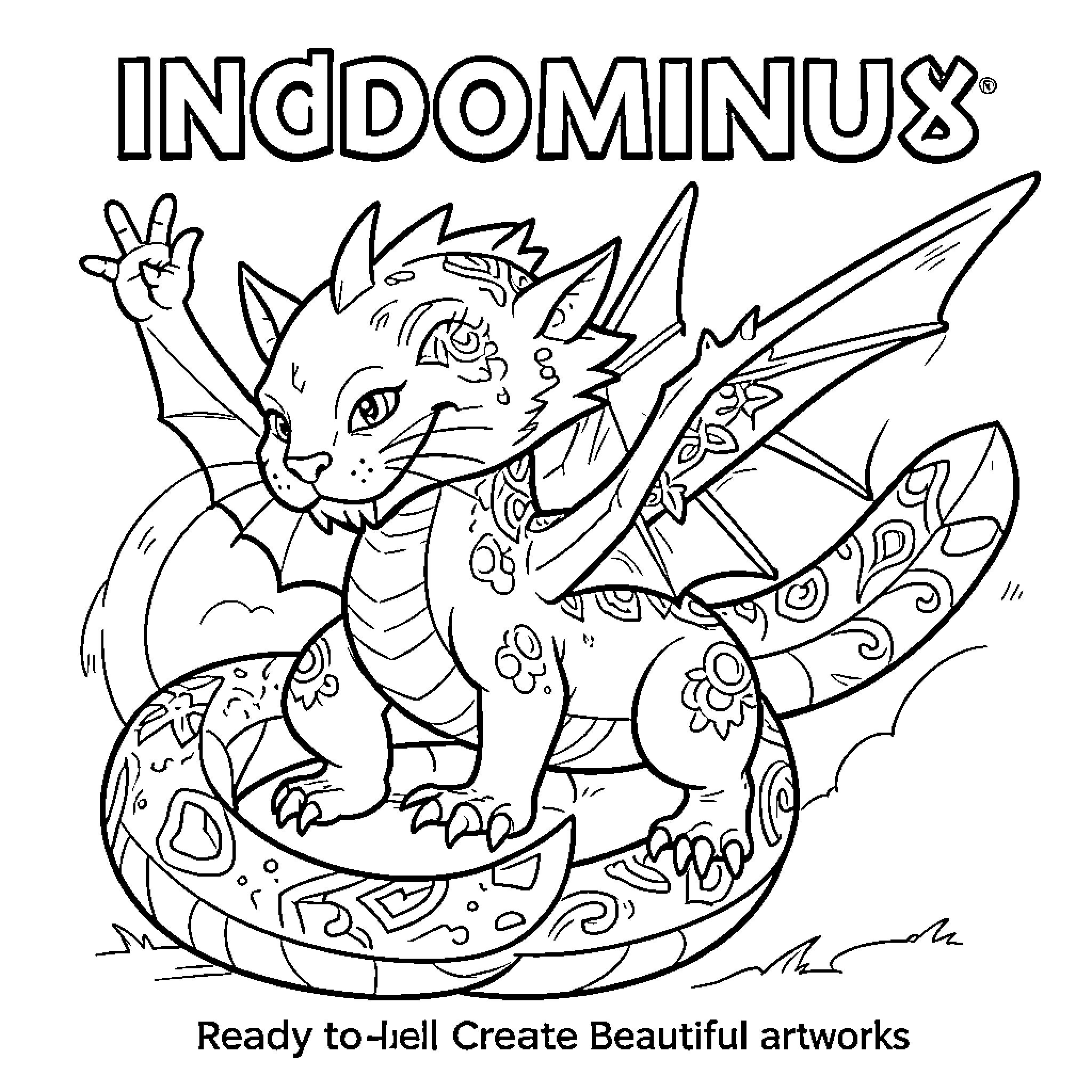 Indominus dragon posing with wings spread wide Coloring Page (free black-and-white line drawing printable PDF for all, from beginners to advanced learners, including children, teens, adults, and seniors)