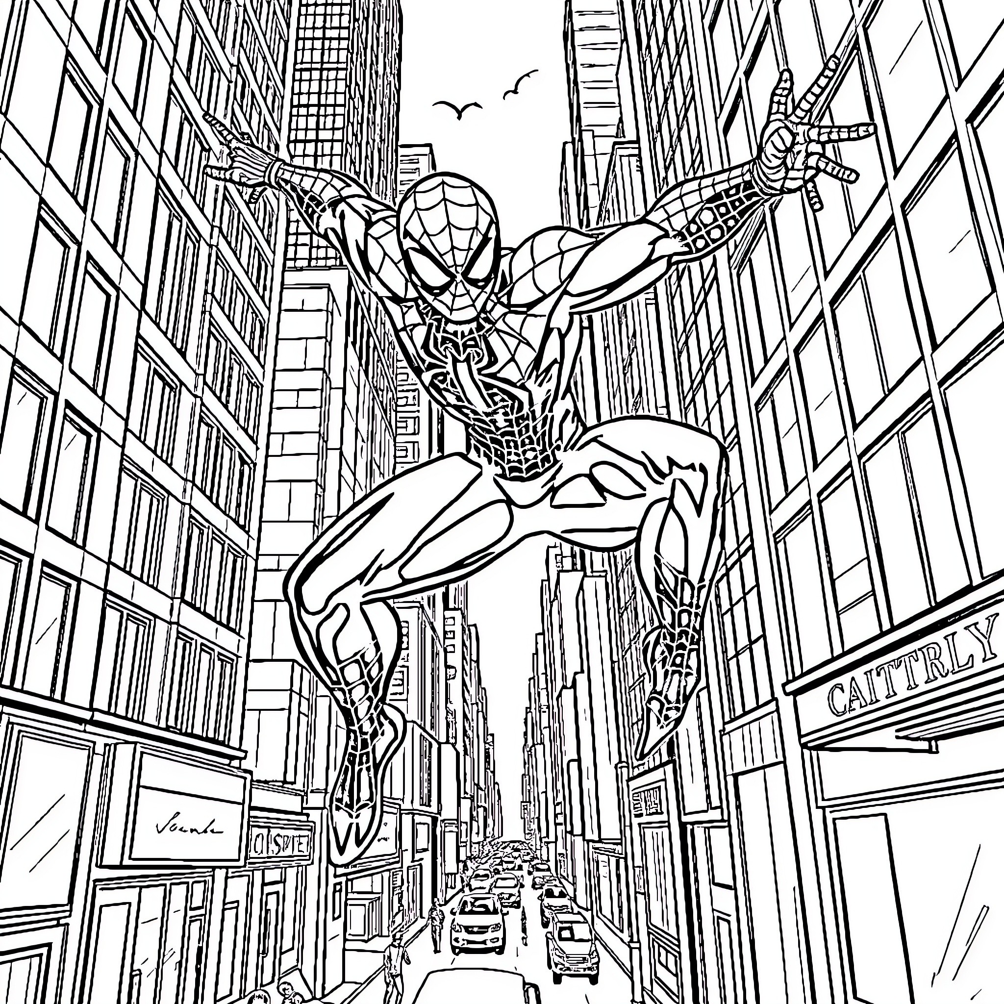 Spider-Man swinging through the city skyline Coloring Page (free black-and-white line drawing printable PDF for all, from beginners to advanced learners, including children, teens, adults, and seniors)