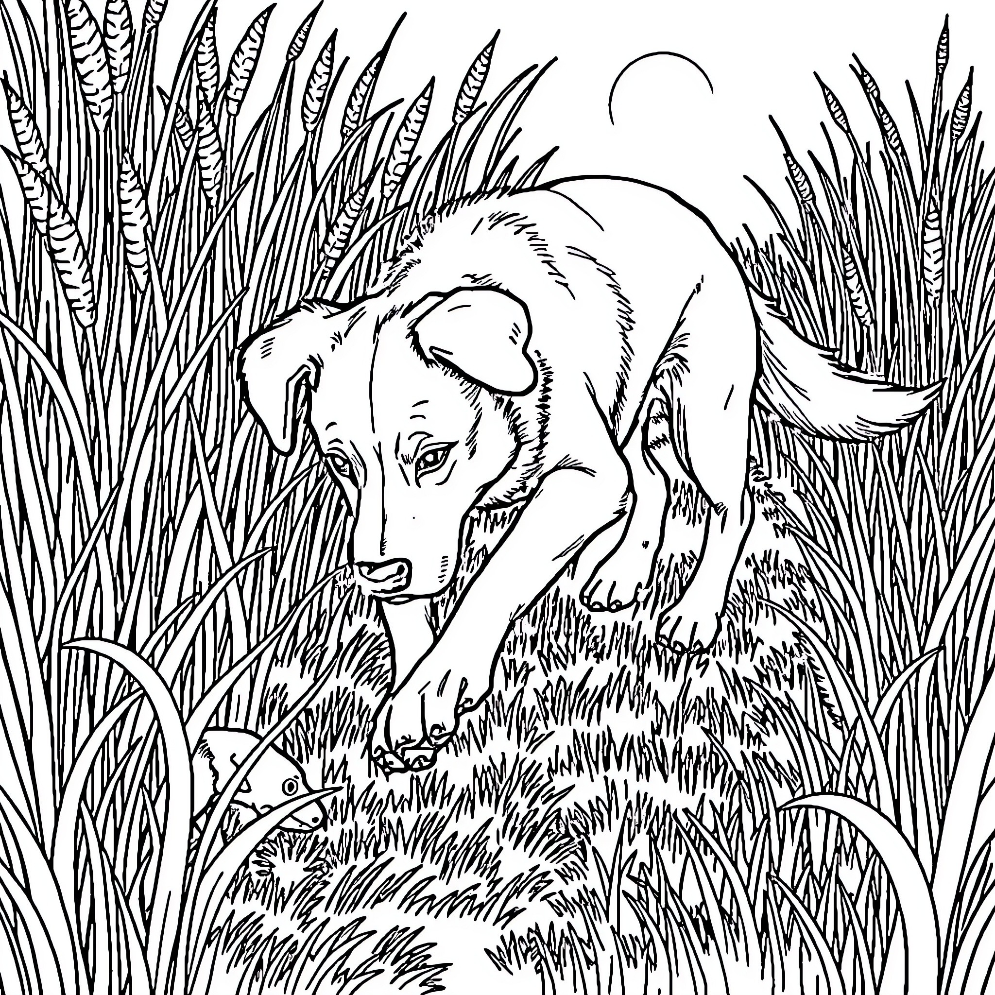 Dog exploring the tall grass field Coloring Page (free black-and-white line drawing printable PDF for all, from beginners to advanced learners, including children, teens, adults, and seniors)