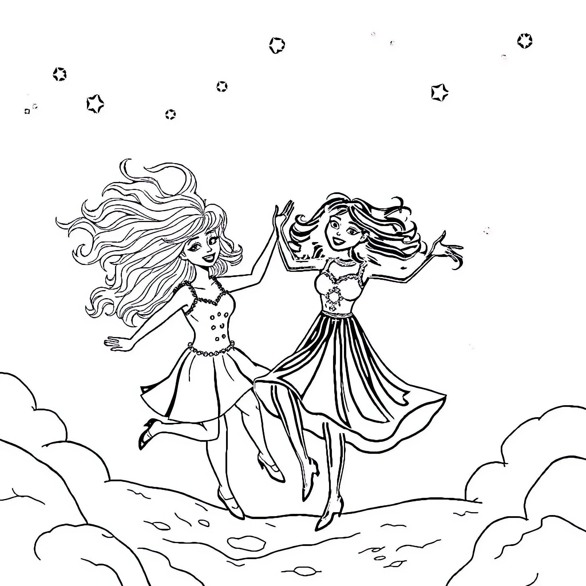 Girls dancing joyfully under the starry sky Coloring Page (free black-and-white line drawing printable PDF for all, from beginners to advanced learners, including children, teens, adults, and seniors)