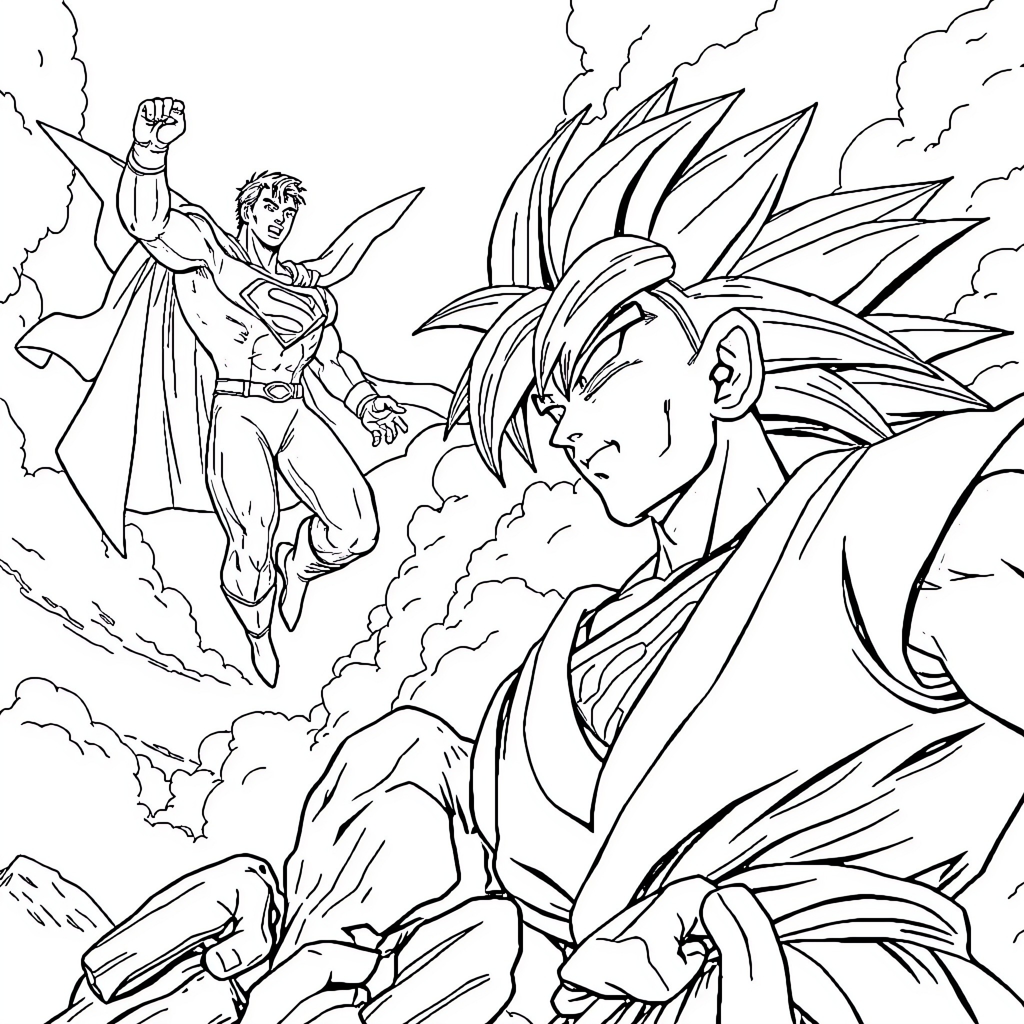 Superman facing off with a powerful warrior Coloring Page (free black-and-white line drawing printable PDF for all, from beginners to advanced learners, including children, teens, adults, and seniors)