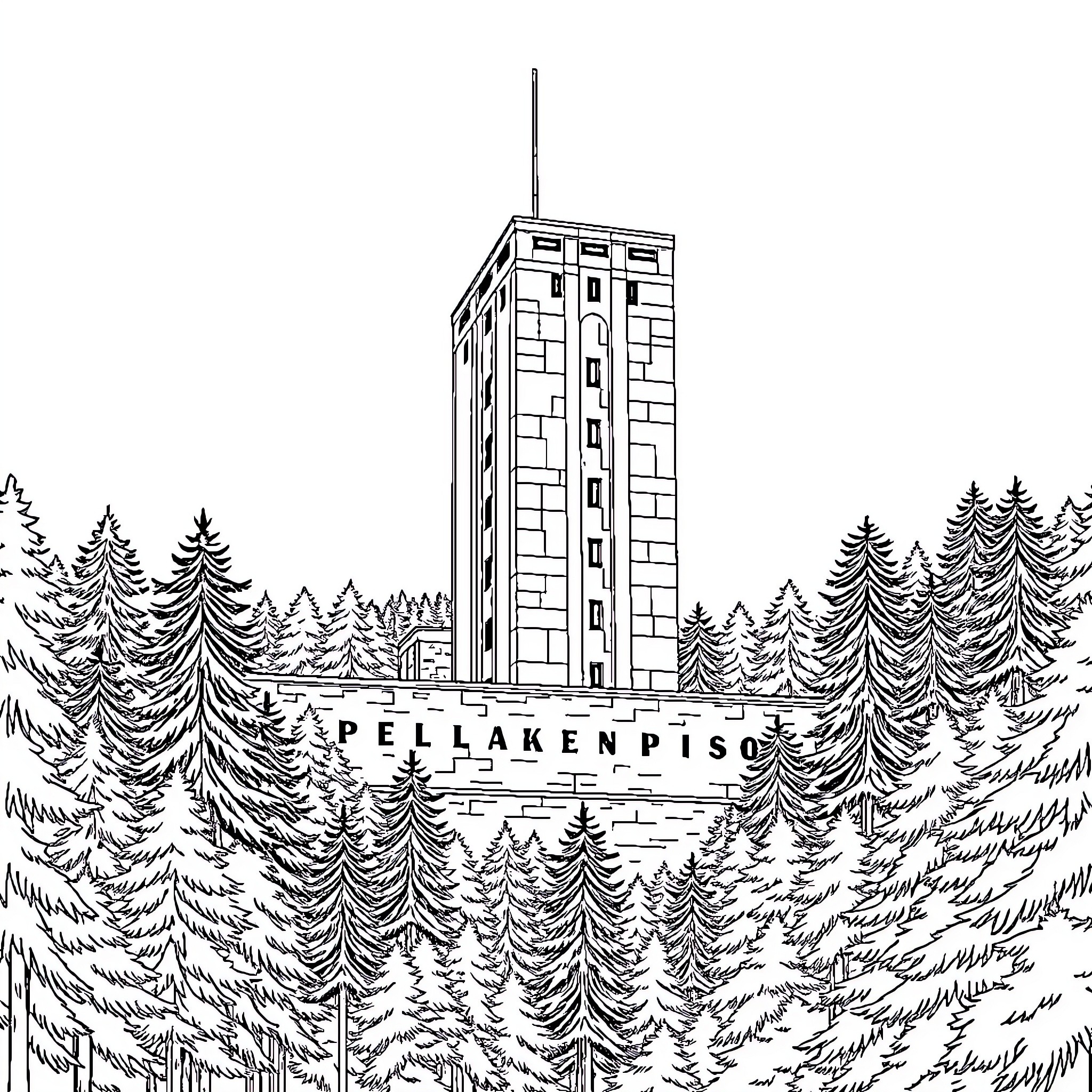 Prison tower amid forest scenery Coloring Page (free black-and-white line drawing printable PDF for all, from beginners to advanced learners, including children, teens, adults, and seniors)