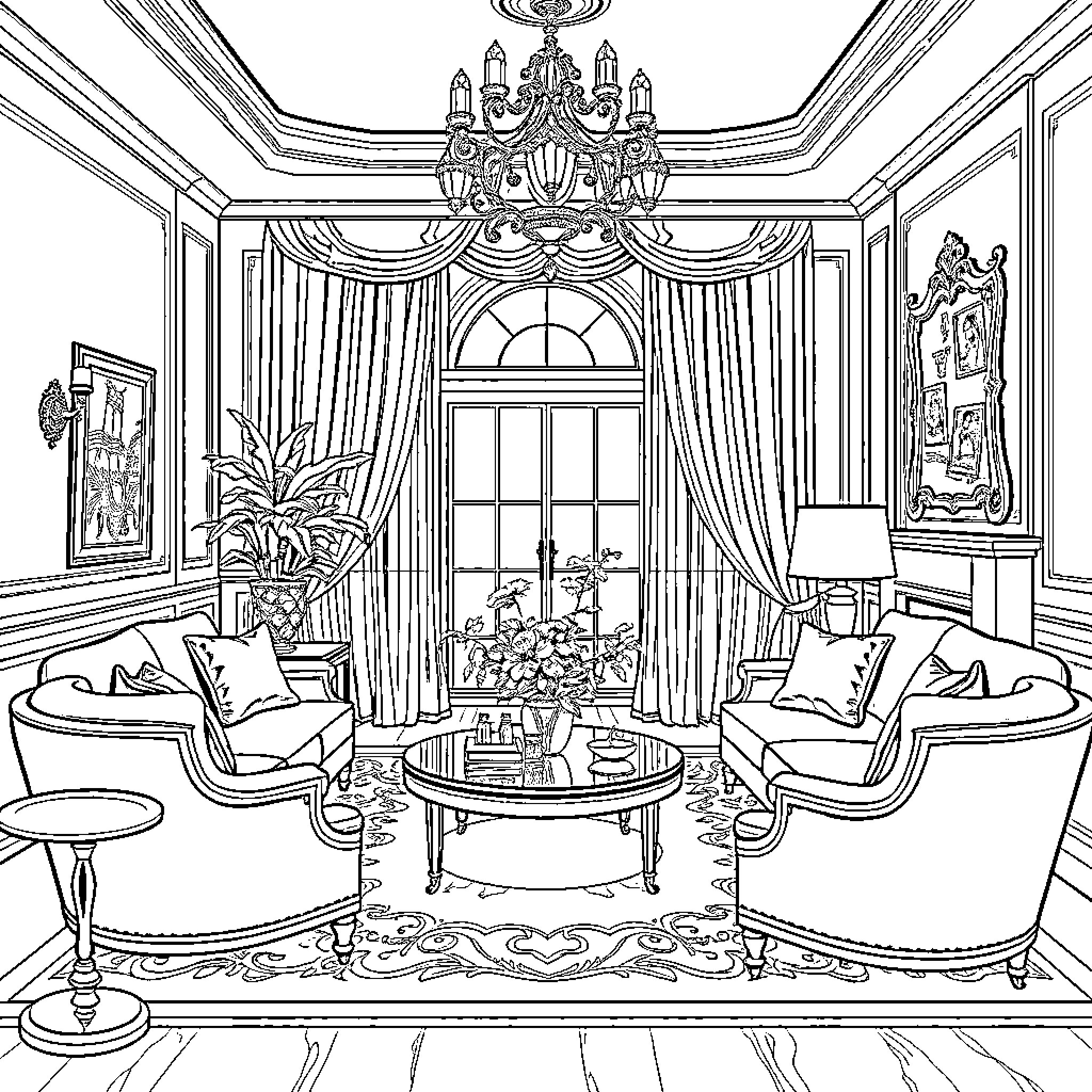 Living Room with Elegant Furnishings and Decor Coloring Page (free black-and-white line drawing printable PDF for all, from beginners to advanced learners, including children, teens, adults, and seniors)