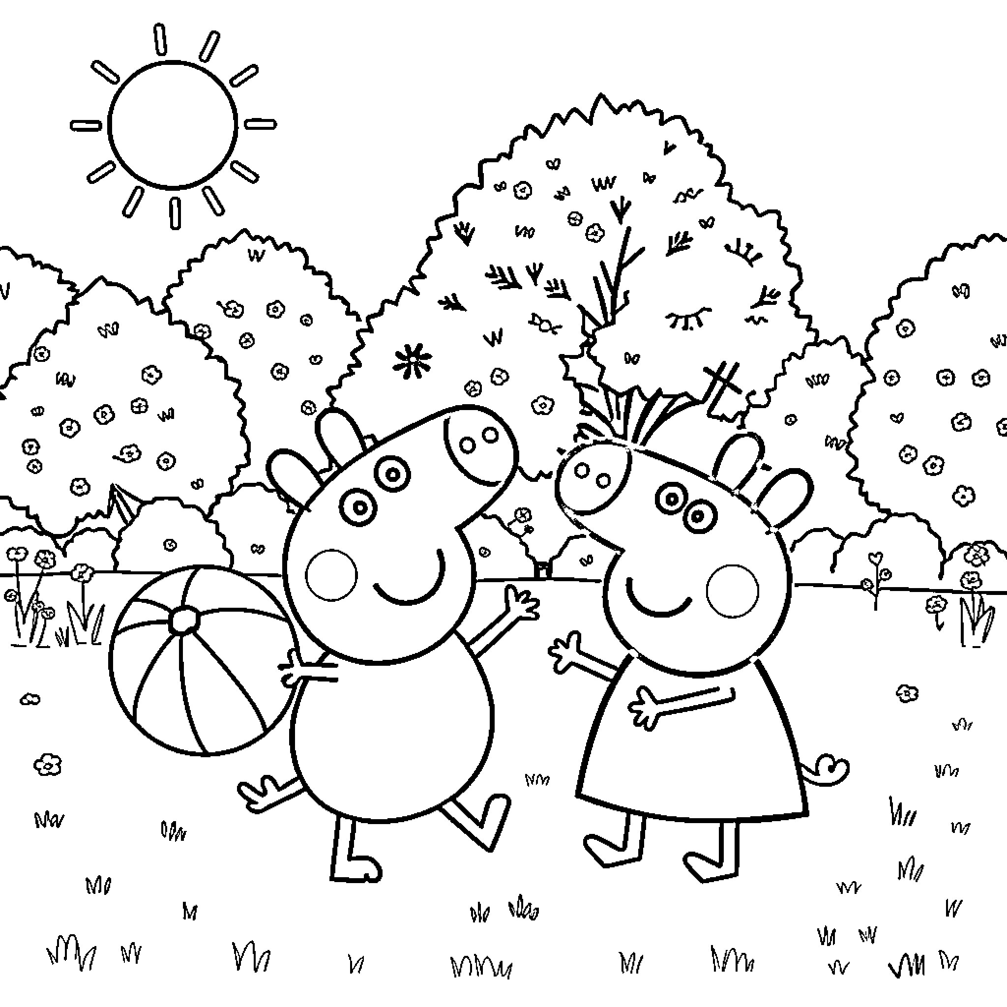 Bluey and Bingo playing together in a nature scene Coloring Page (free black-and-white line drawing printable PDF for all, from beginners to advanced learners, including children, teens, adults, and seniors)