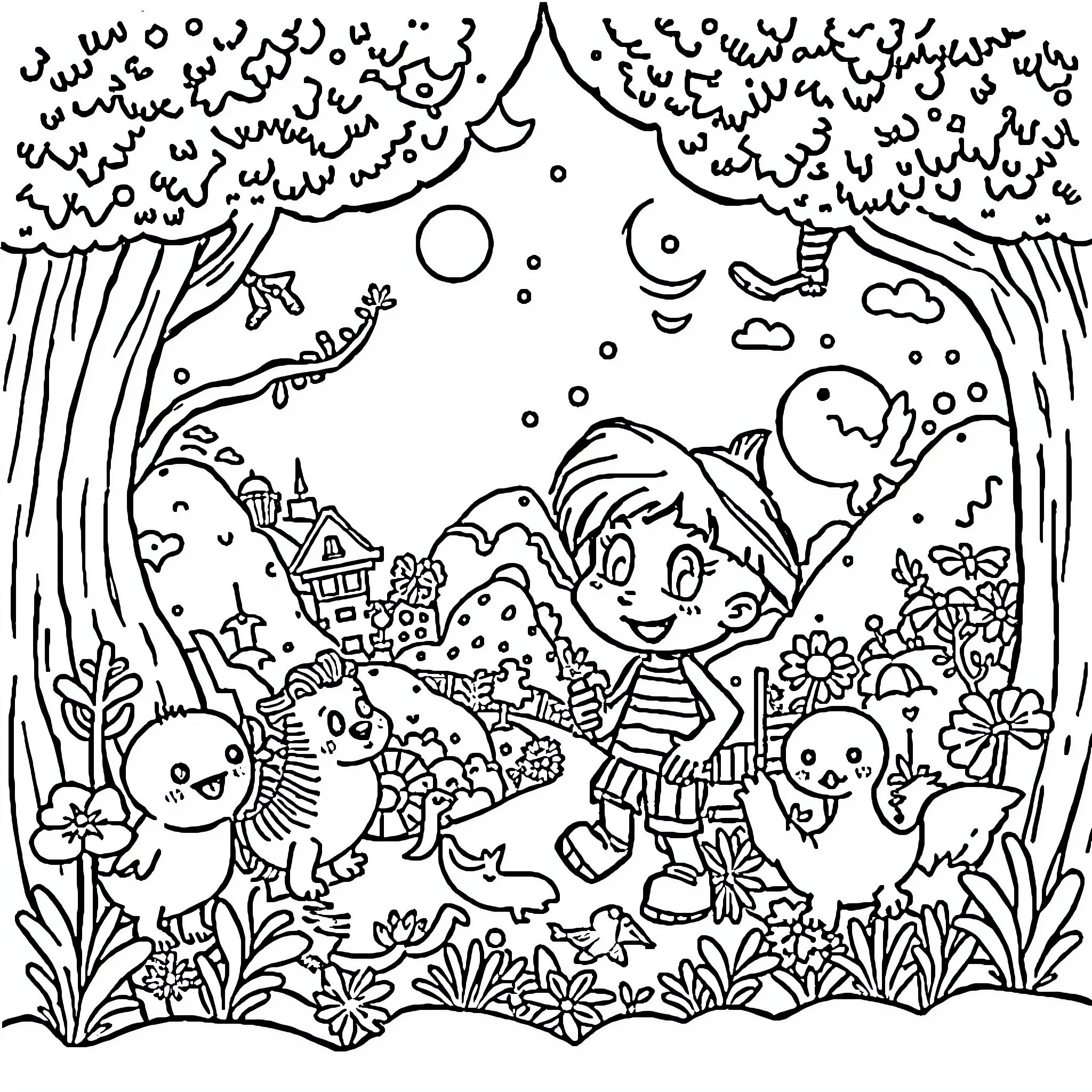 Dandy Whimsical Adventure in the Enchanted Forest Coloring Page (free black-and-white line drawing printable PDF for all, from beginners to advanced learners, including children, teens, adults, and seniors)
