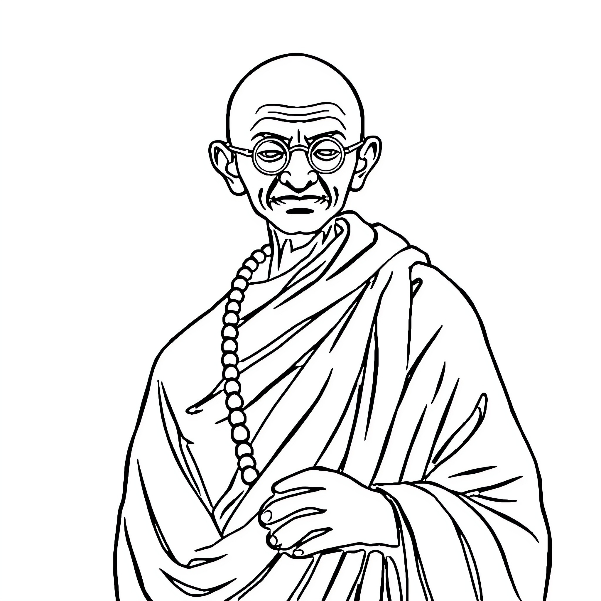 Gandhi in contemplative pose with robes and prayer beads Coloring Page (free black-and-white line drawing printable PDF for all, from beginners to advanced learners, including children, teens, adults, and seniors)