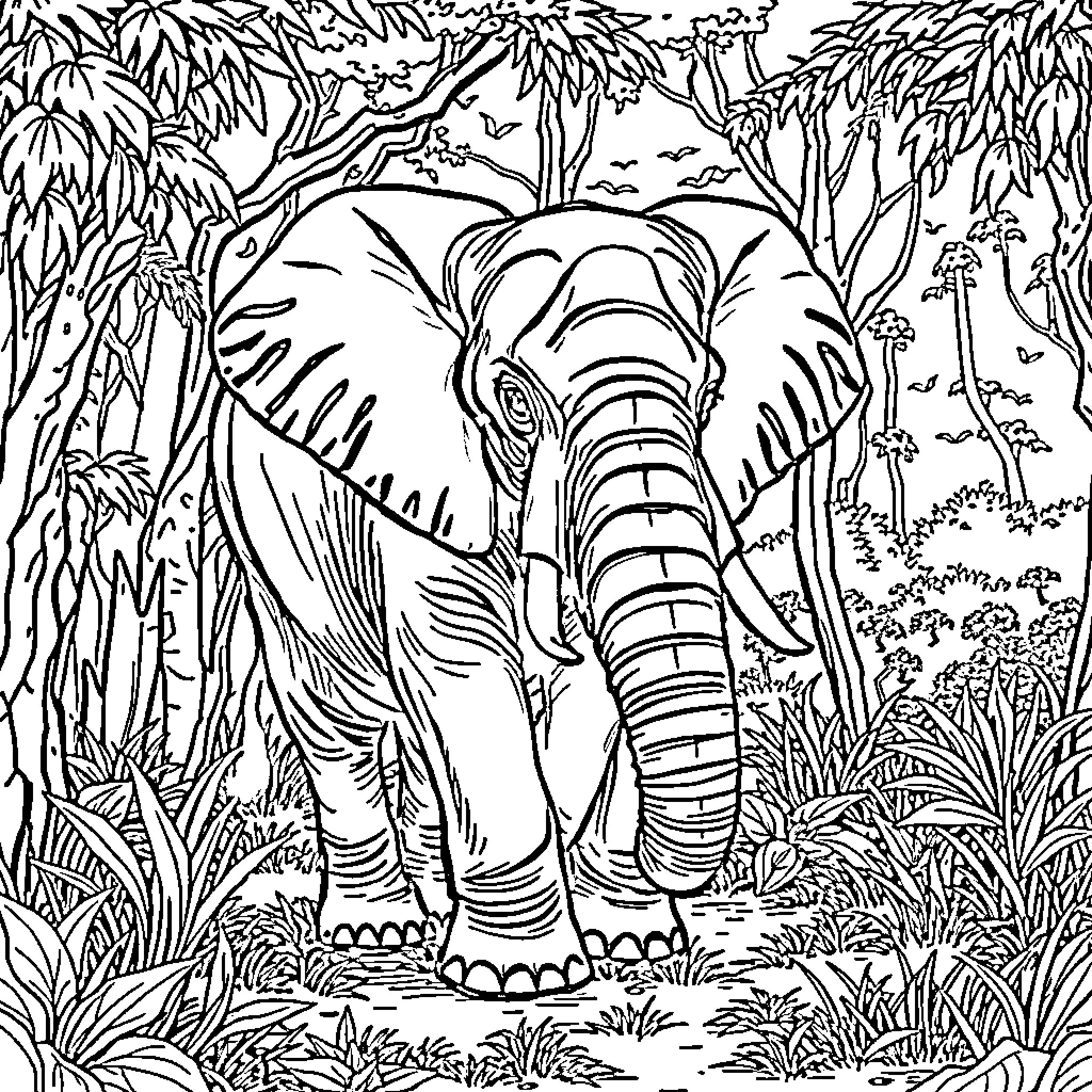 Elephant amidst lush jungle foliage Coloring Page (free black-and-white line drawing printable PDF for all, from beginners to advanced learners, including children, teens, adults, and seniors)