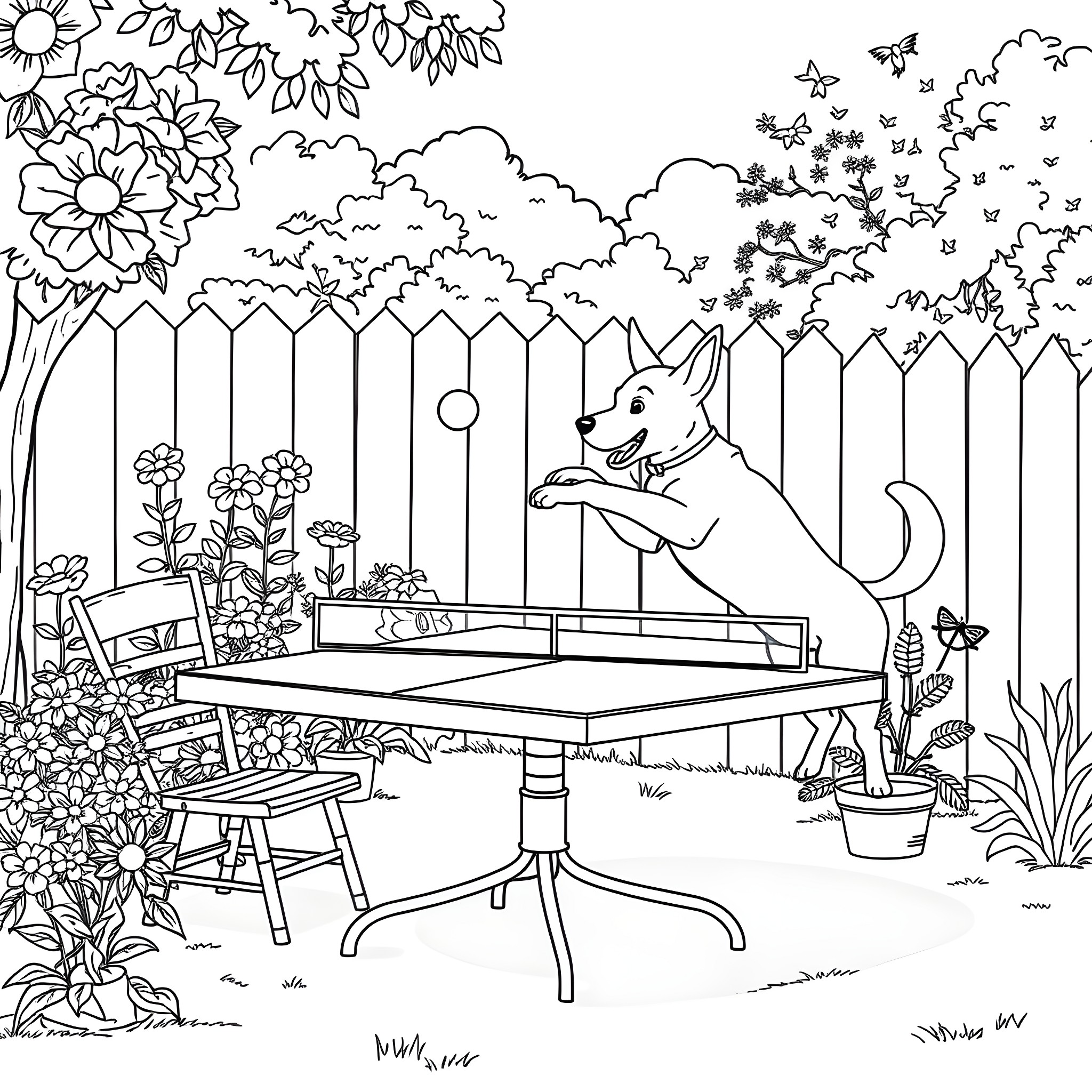 Dog relaxing in the garden on a table Coloring Page (free black-and-white line drawing printable PDF for all, from beginners to advanced learners, including children, teens, adults, and seniors)