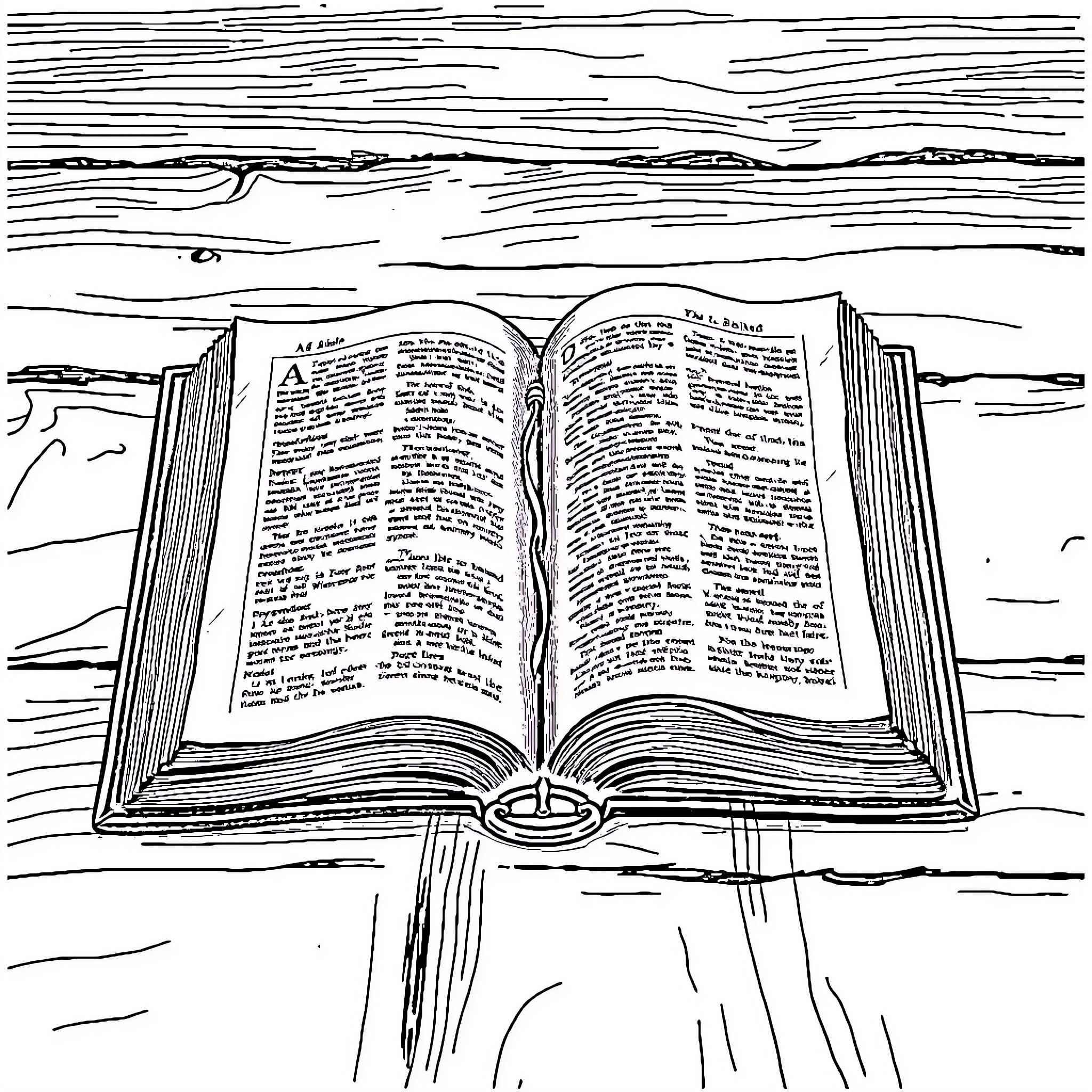 Bible open on a wooden surface Coloring Page (free black-and-white line drawing printable PDF for all, from beginners to advanced learners, including children, teens, adults, and seniors)