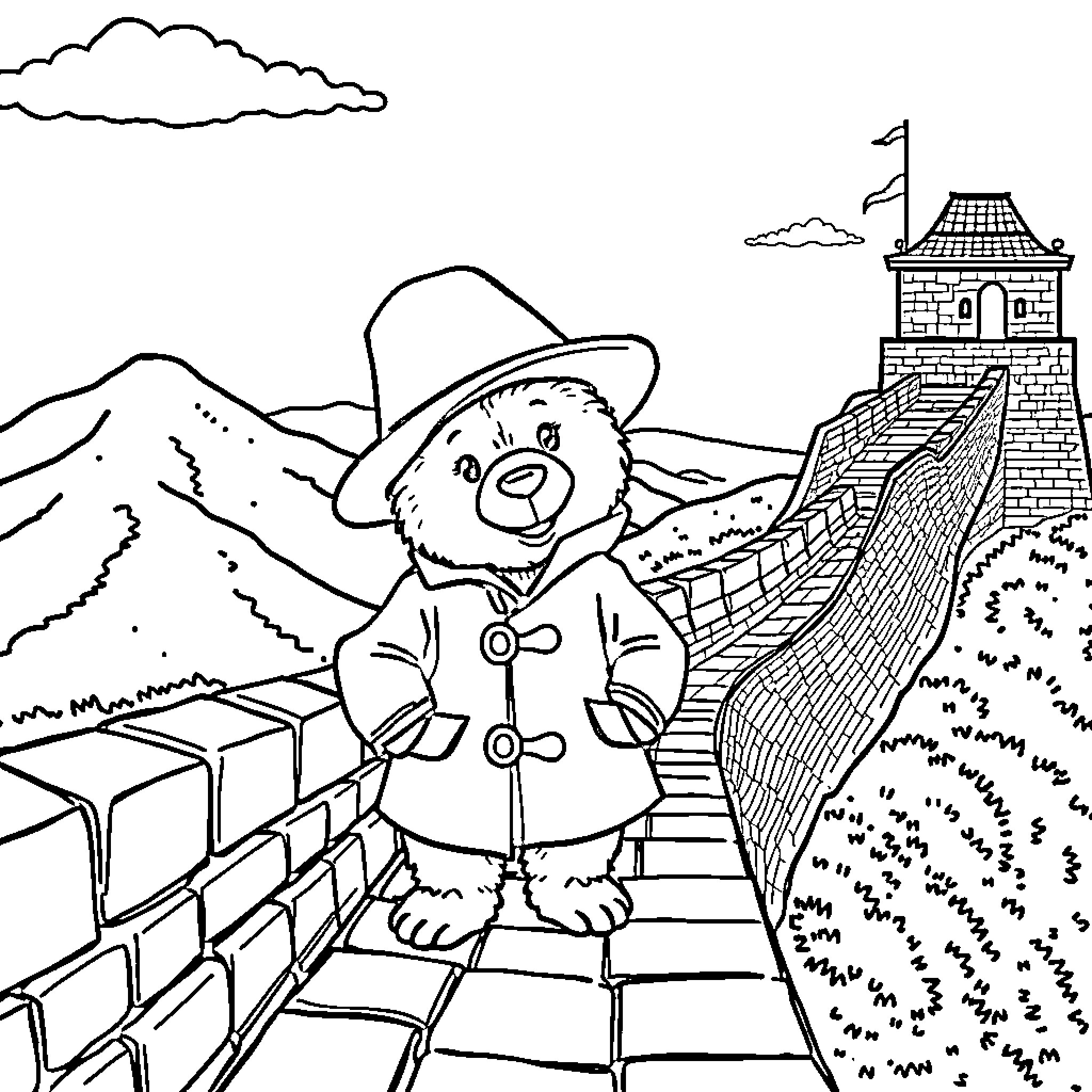 Paddington Bear exploring the Great Wall of China Coloring Page (free black-and-white line drawing printable PDF for all, from beginners to advanced learners, including children, teens, adults, and seniors)