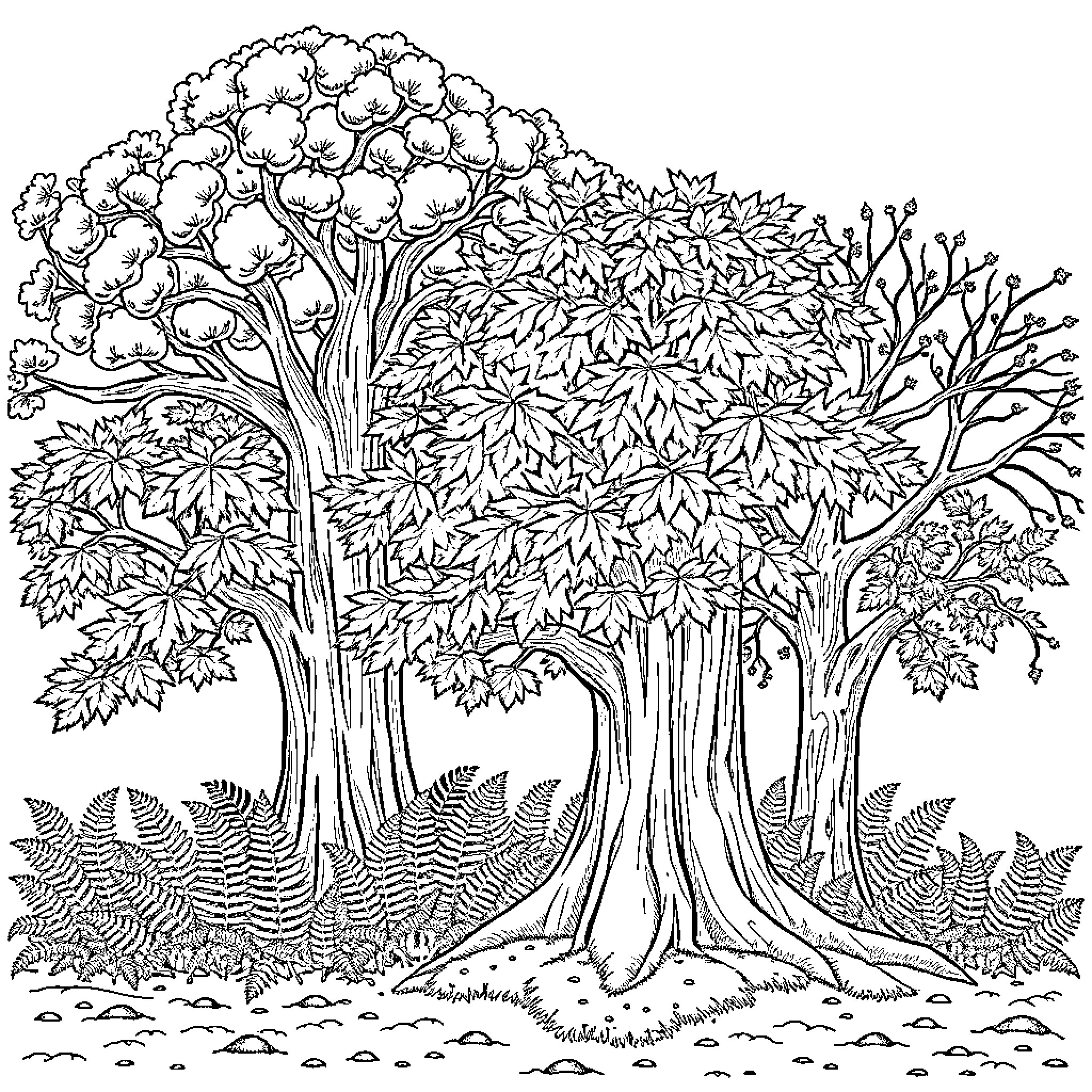 Tree Landscape with Detailed Foliage Coloring Page (free black-and-white line drawing printable PDF for all, from beginners to advanced learners, including children, teens, adults, and seniors)
