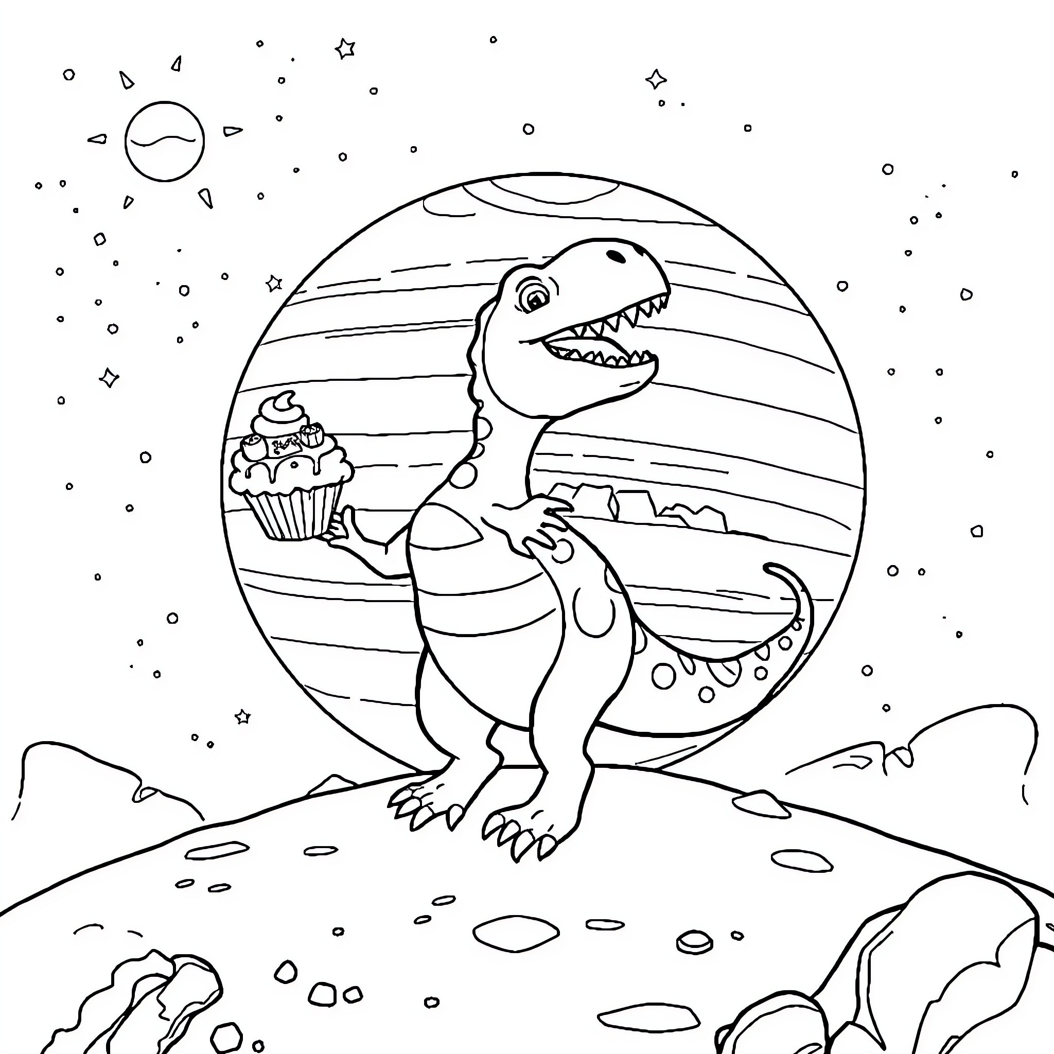Dinosaur enjoying a cupcake under the starry night sky Coloring Page (free black-and-white line drawing printable PDF for all, from beginners to advanced learners, including children, teens, adults, and seniors)