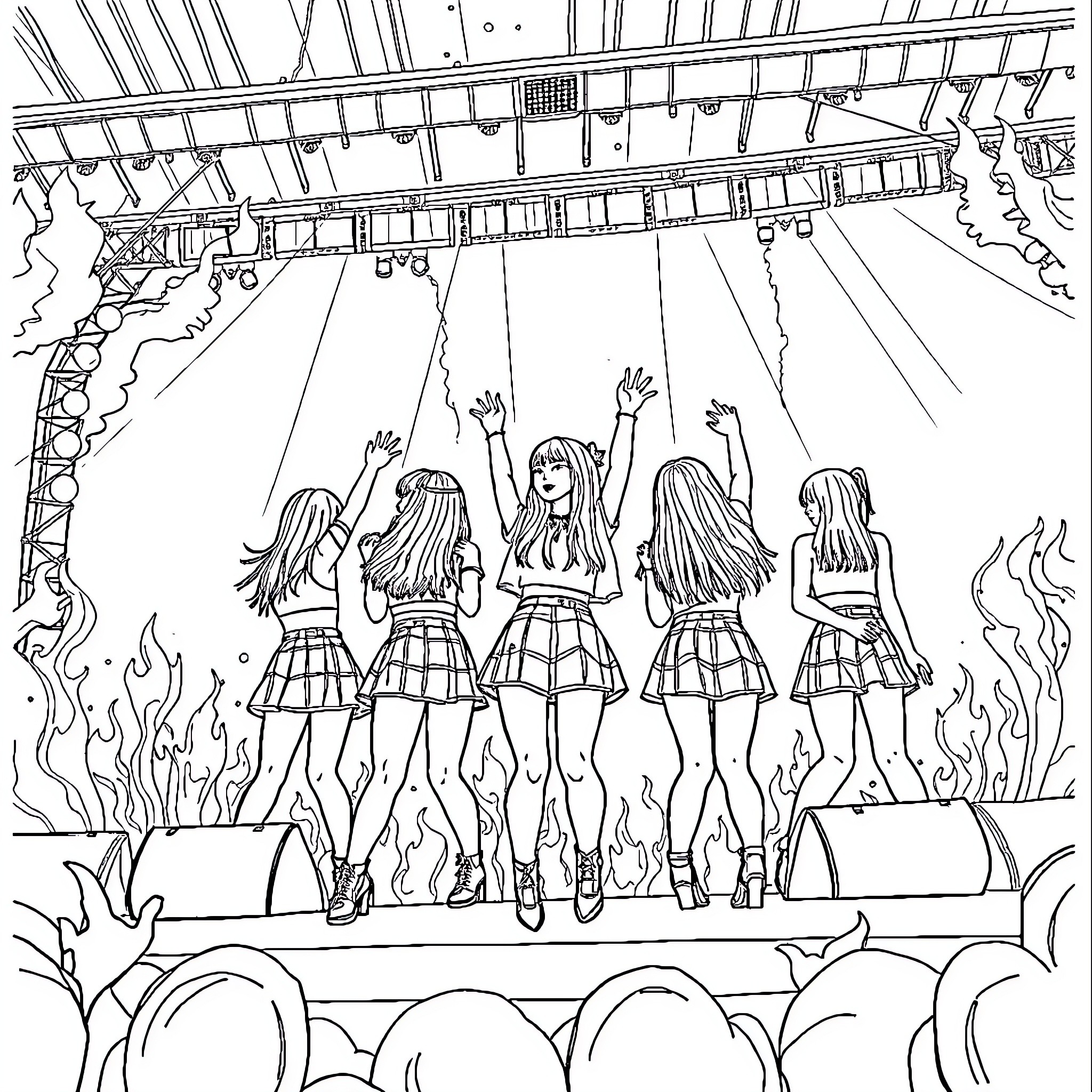 Blackpink performing on stage with energy and enthusiasm Coloring Page (free black-and-white line drawing printable PDF for all, from beginners to advanced learners, including children, teens, adults, and seniors)