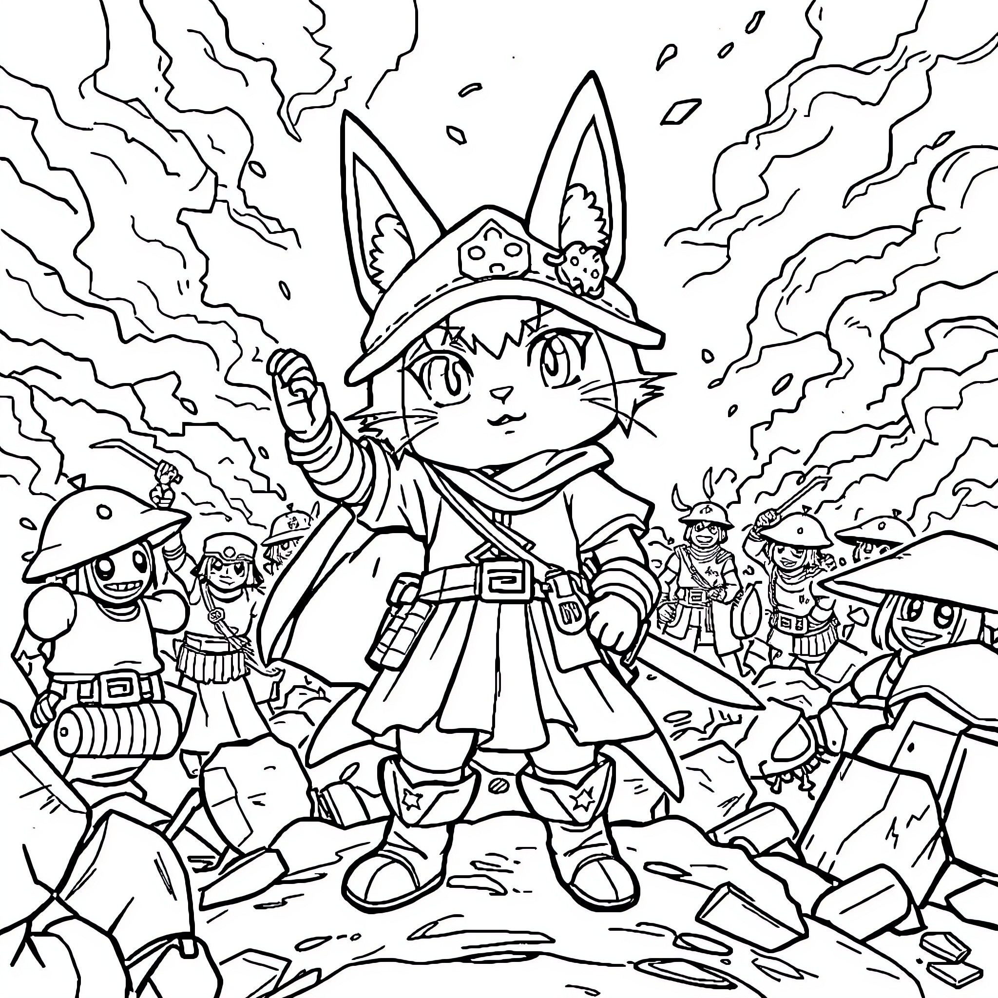 Manekimeko's Adventurous Escapades with Unique Characters Coloring Page (free black-and-white line drawing printable PDF for all, from beginners to advanced learners, including children, teens, adults, and seniors)
