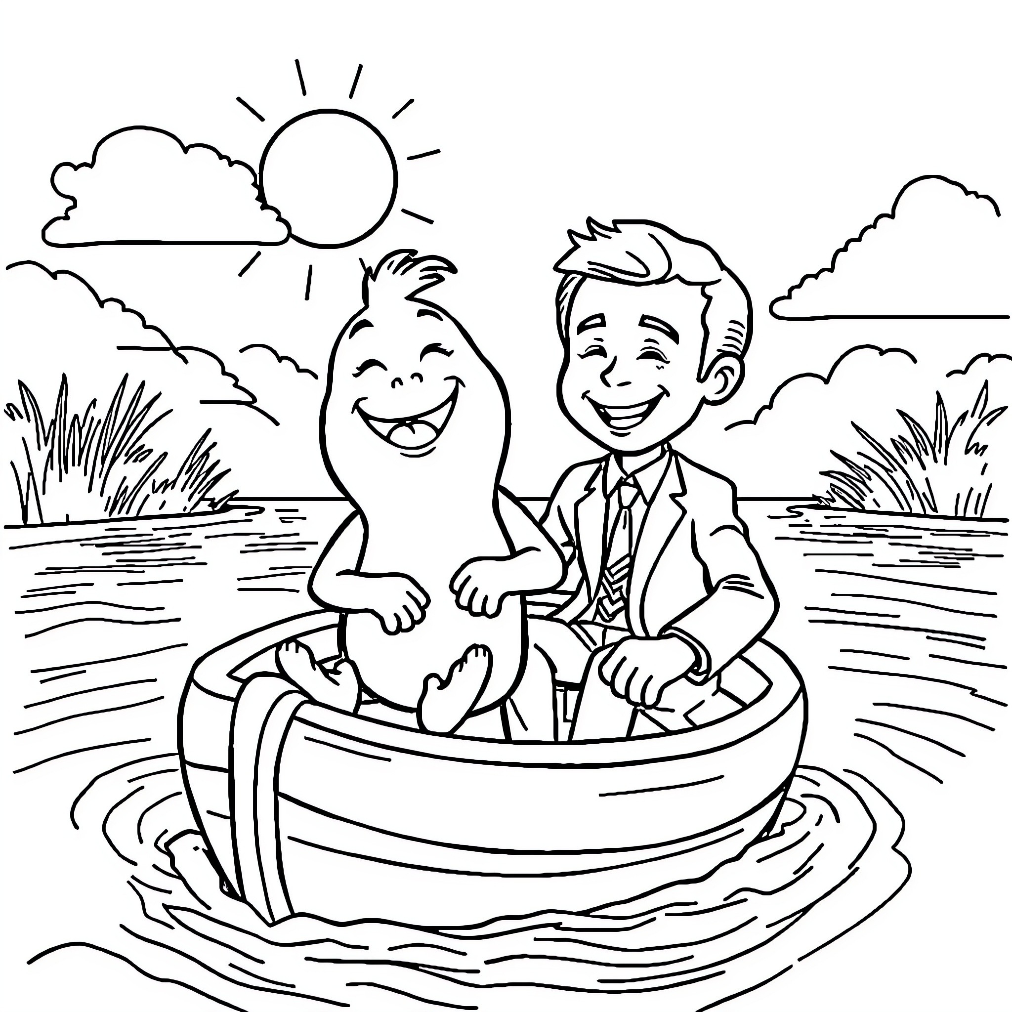 Bob l'éponge boating with a friend on a sunny day Coloring Page (free black-and-white line drawing printable PDF for all, from beginners to advanced learners, including children, teens, adults, and seniors)