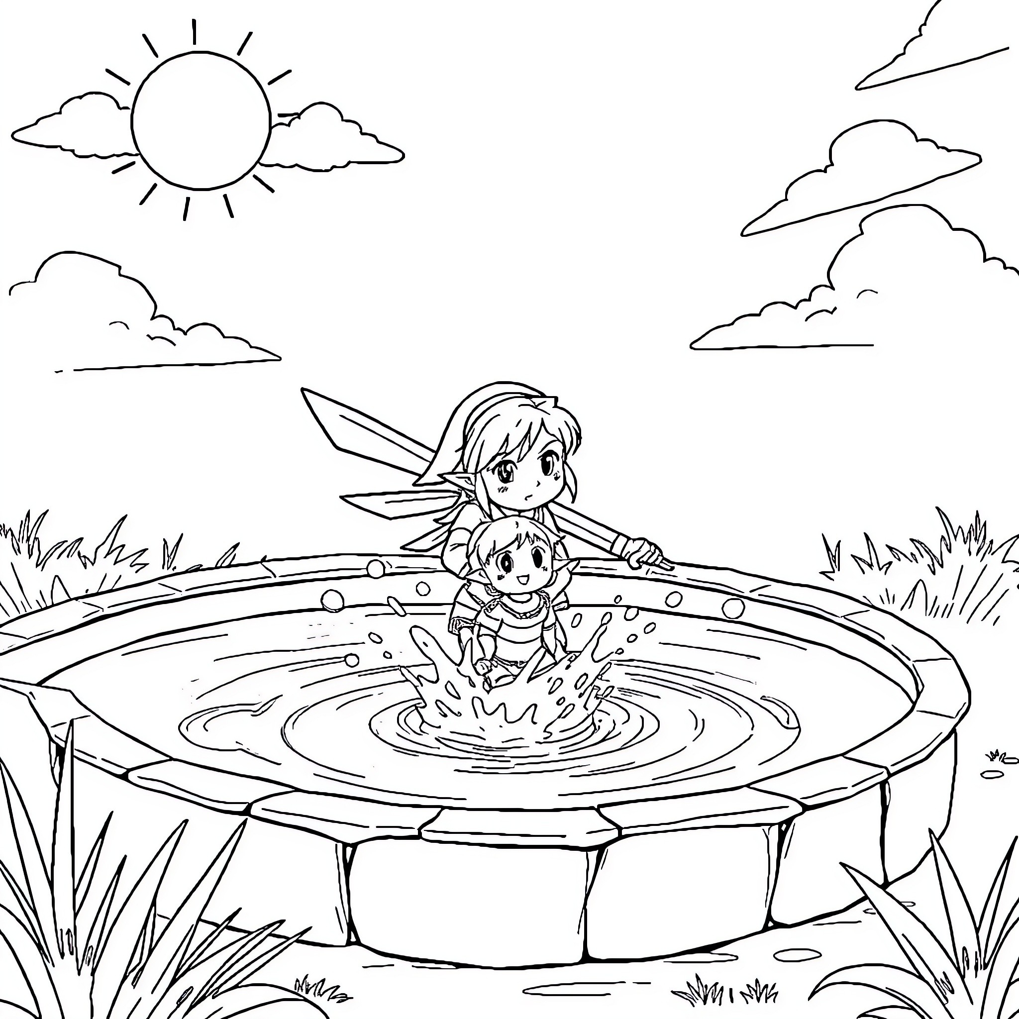 Link to Enchanted Fairy Pool Coloring Page (free black-and-white line drawing printable PDF for all, from beginners to advanced learners, including children, teens, adults, and seniors)