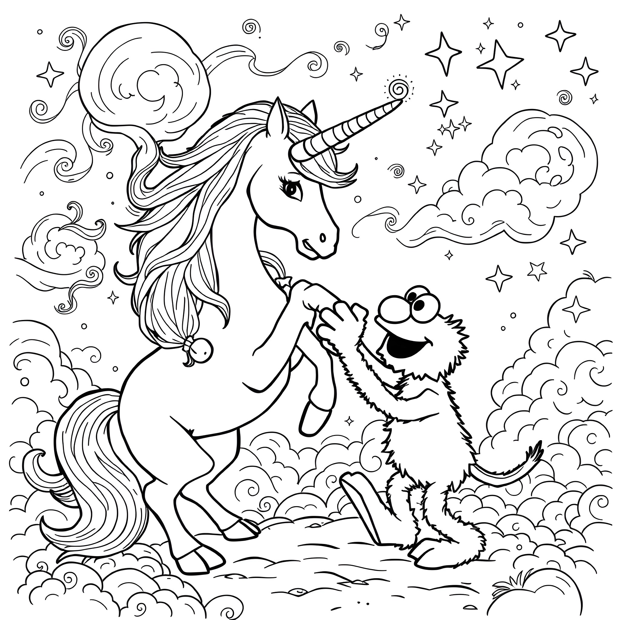 Unicorn and Furry Creature in Starry Skies Coloring Page (free black-and-white line drawing printable PDF for all, from beginners to advanced learners, including children, teens, adults, and seniors)