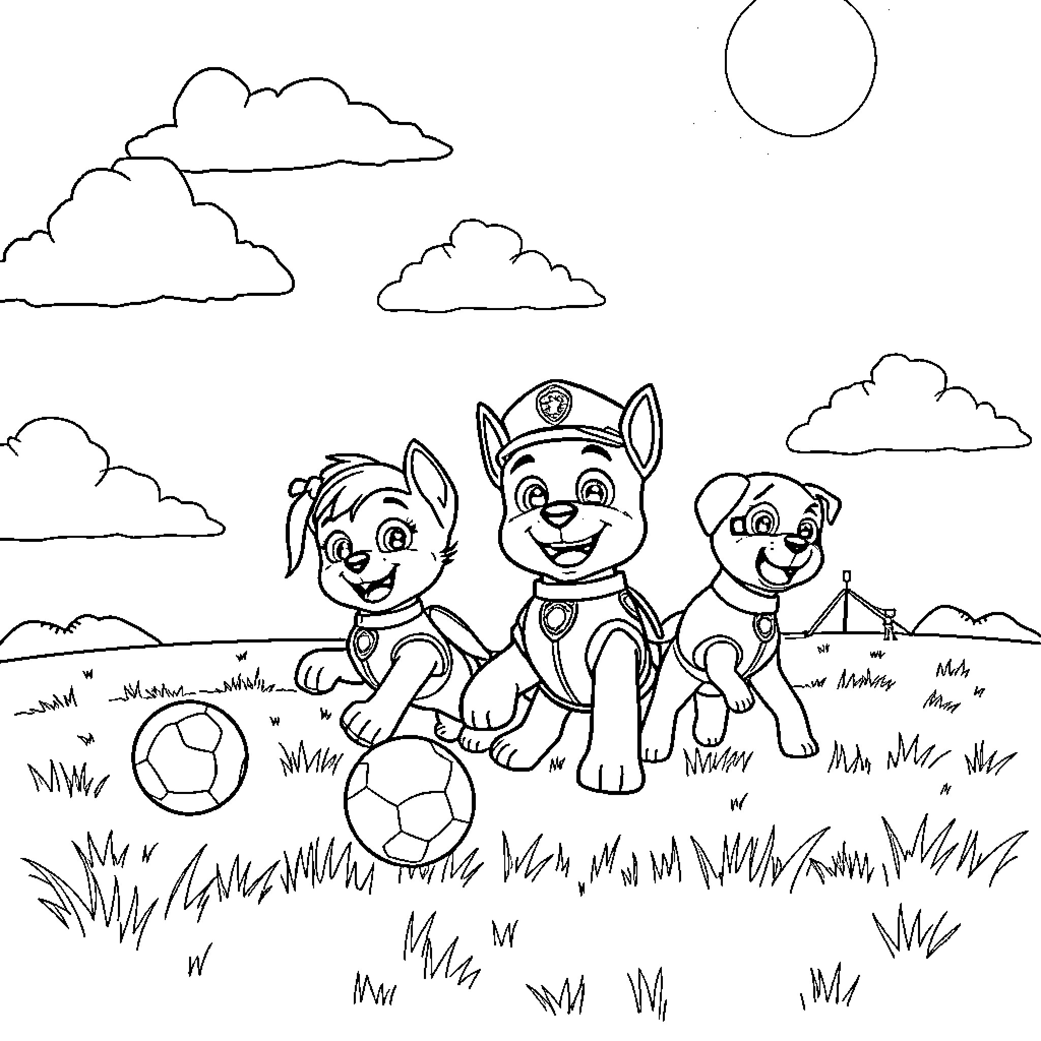 Paw Patrol Puppies Playing with Soccer Balls Coloring Page (free black-and-white line drawing printable PDF for all, from beginners to advanced learners, including children, teens, adults, and seniors)