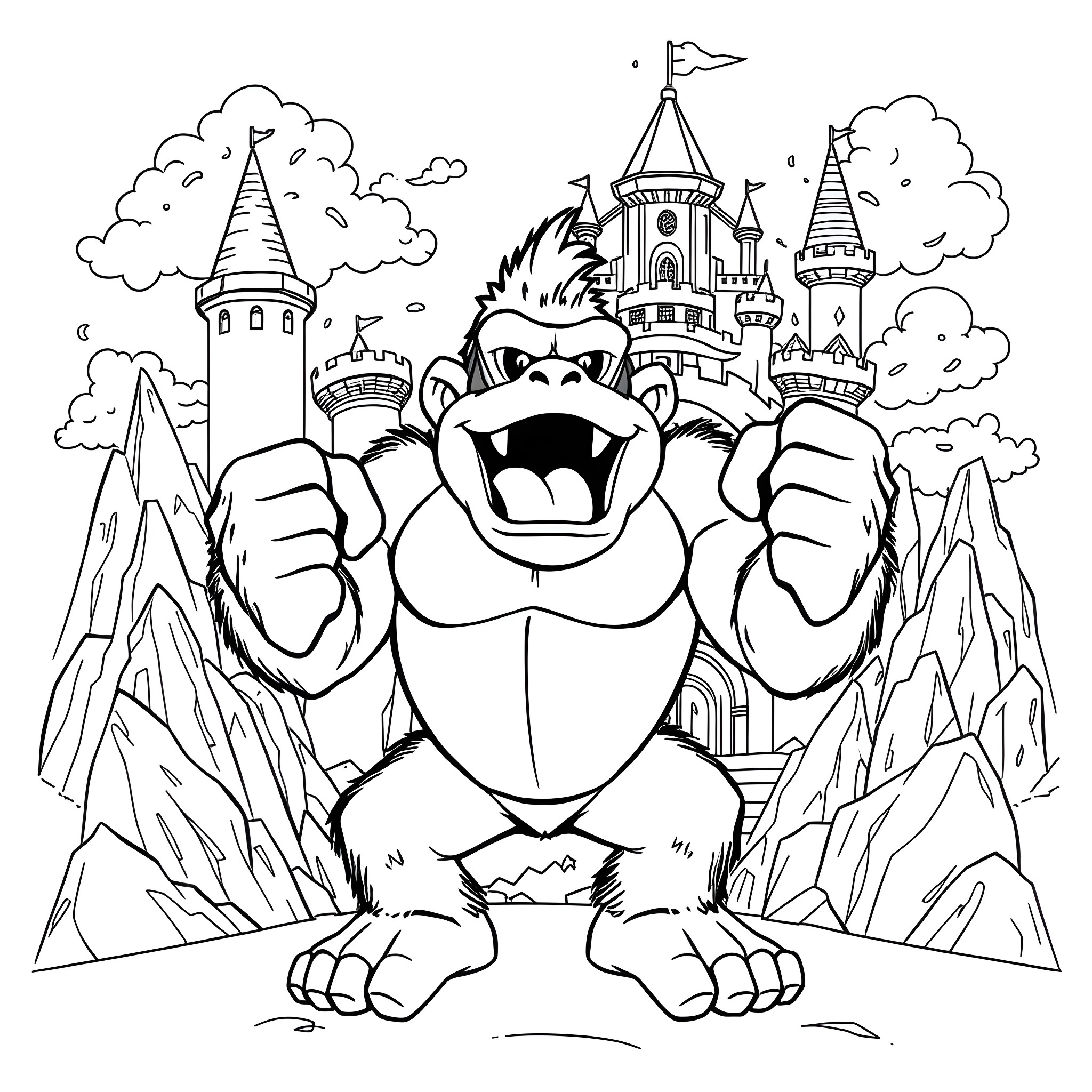 Donkey Kong roaring in front of a fantasy castle Coloring Page (free black-and-white line drawing printable PDF for all, from beginners to advanced learners, including children, teens, adults, and seniors)