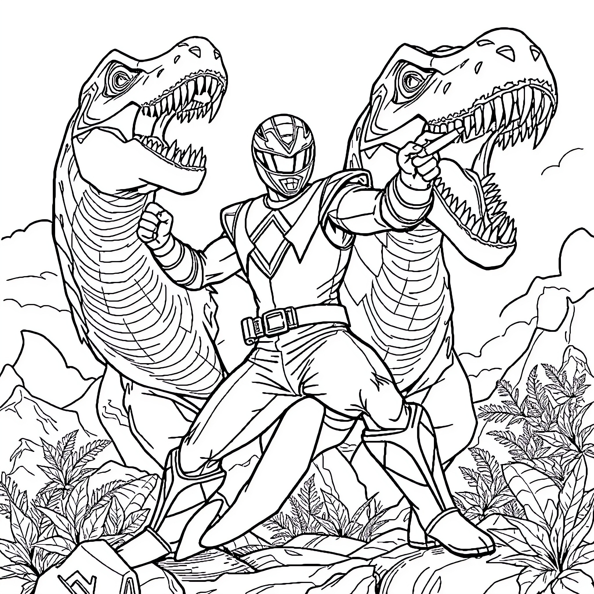 Power Ranger battles ferocious dinosaur creatures Coloring Page (free black-and-white line drawing printable PDF for all, from beginners to advanced learners, including children, teens, adults, and seniors)