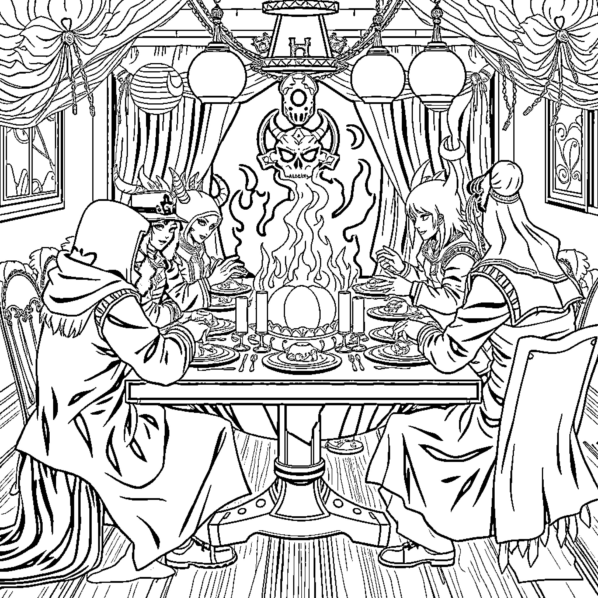 Demon Hunter's Sinister Feast in a Lavish Dining Hall Coloring Page (free black-and-white line drawing printable PDF for all, from beginners to advanced learners, including children, teens, adults, and seniors)