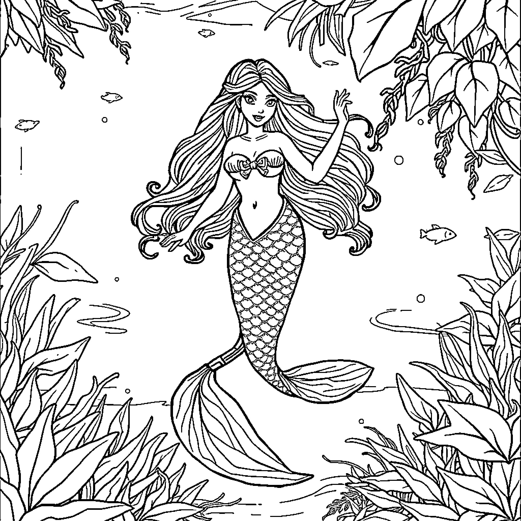 Mermaid Swimming Gracefully in Underwater Seascape Coloring Page (free black-and-white line drawing printable PDF for all, from beginners to advanced learners, including children, teens, adults, and seniors)