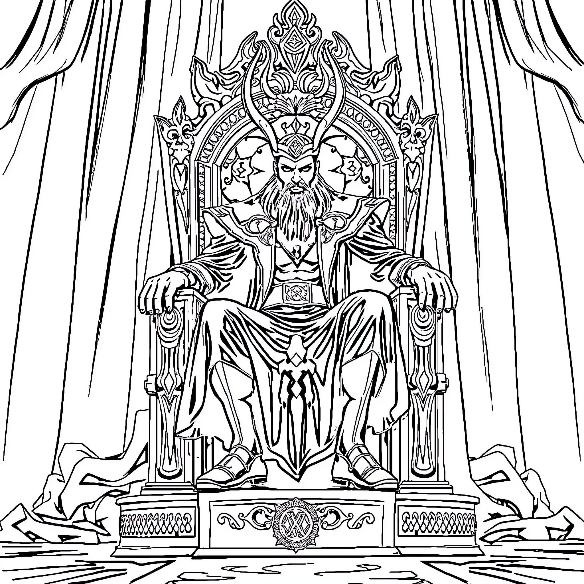 Loki, the Mighty Ruler on the Throne Coloring Page (free black-and-white line drawing printable PDF for all, from beginners to advanced learners, including children, teens, adults, and seniors)