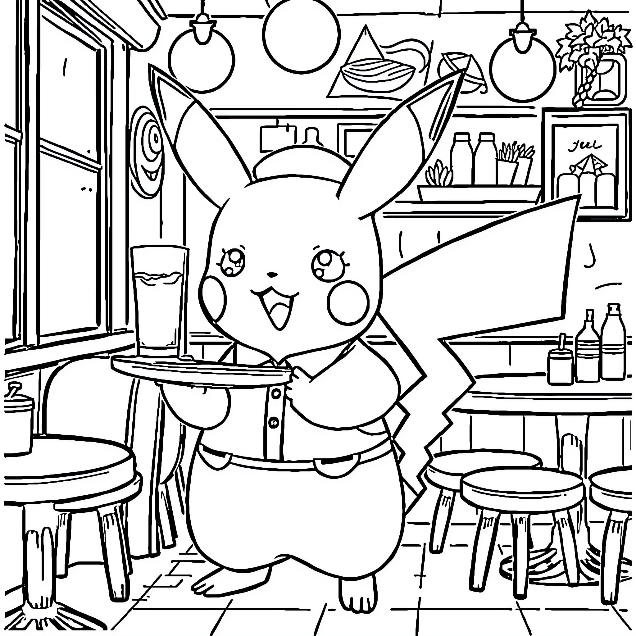 Pikachu cheerfully serving drinks in a cozy cafe Coloring Page (free black-and-white line drawing printable PDF for all, from beginners to advanced learners, including children, teens, adults, and seniors)