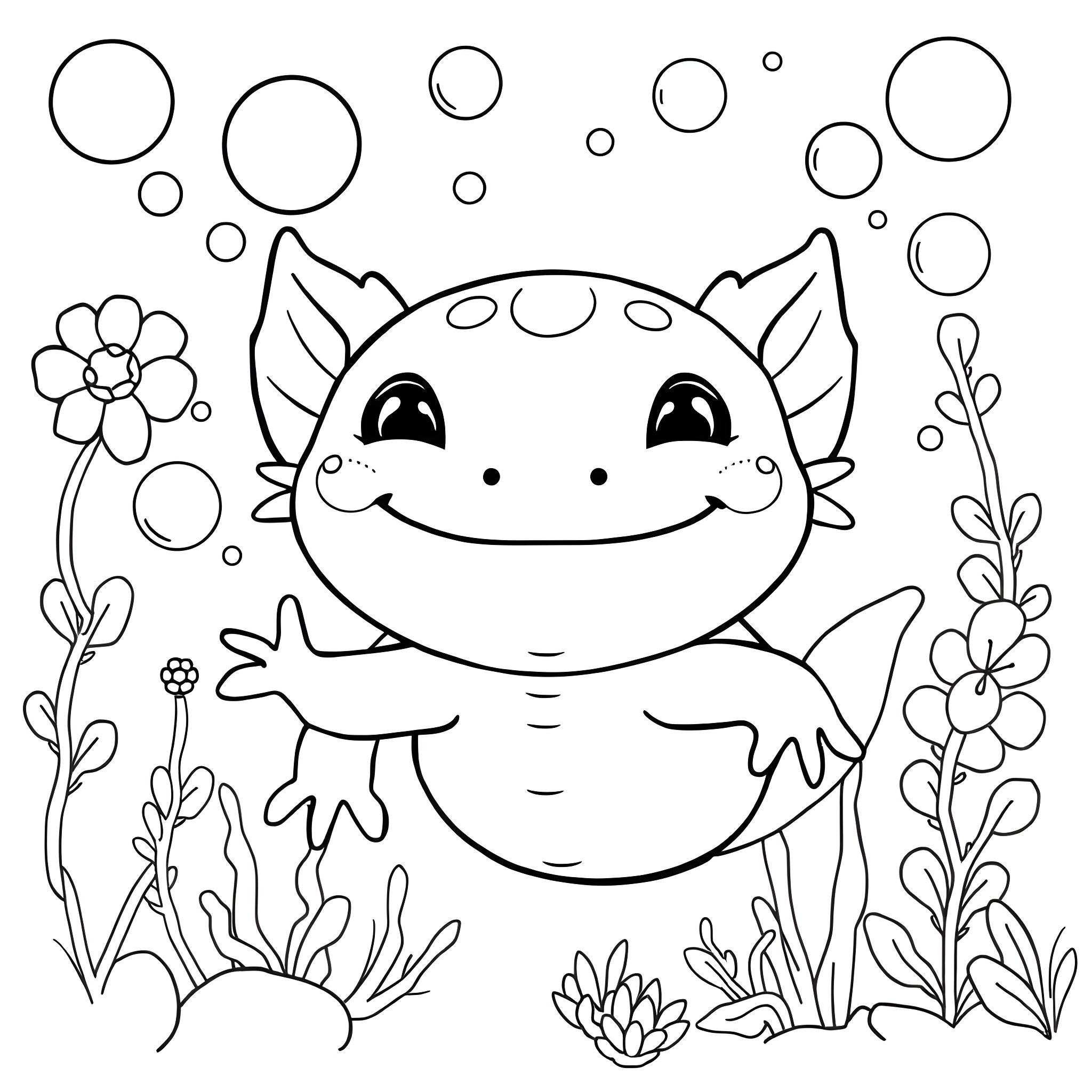 Axolotl swimming playfully among the flowers Coloring Page (free black-and-white line drawing printable PDF for all, from beginners to advanced learners, including children, teens, adults, and seniors)