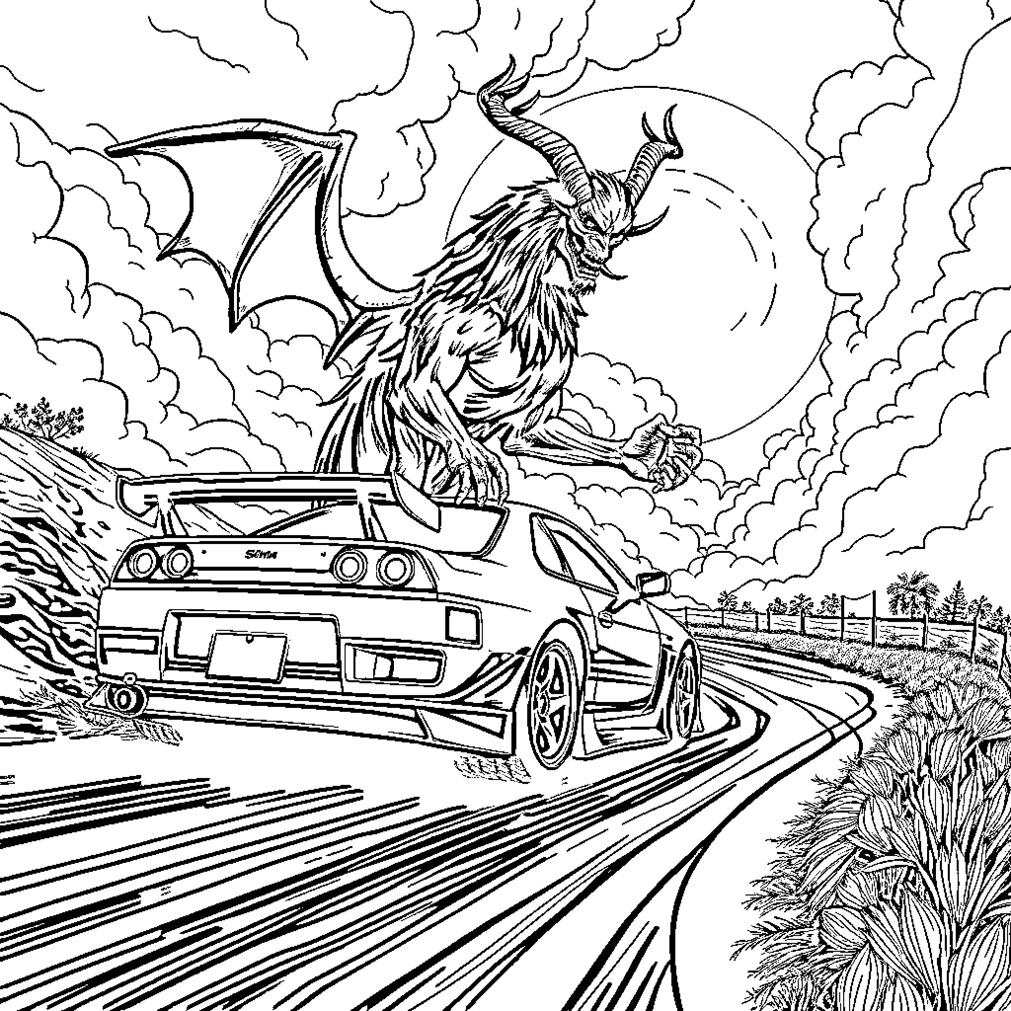 Nissan sports car racing against a fearsome dragon Coloring Page (free black-and-white line drawing printable PDF for all, from beginners to advanced learners, including children, teens, adults, and seniors)