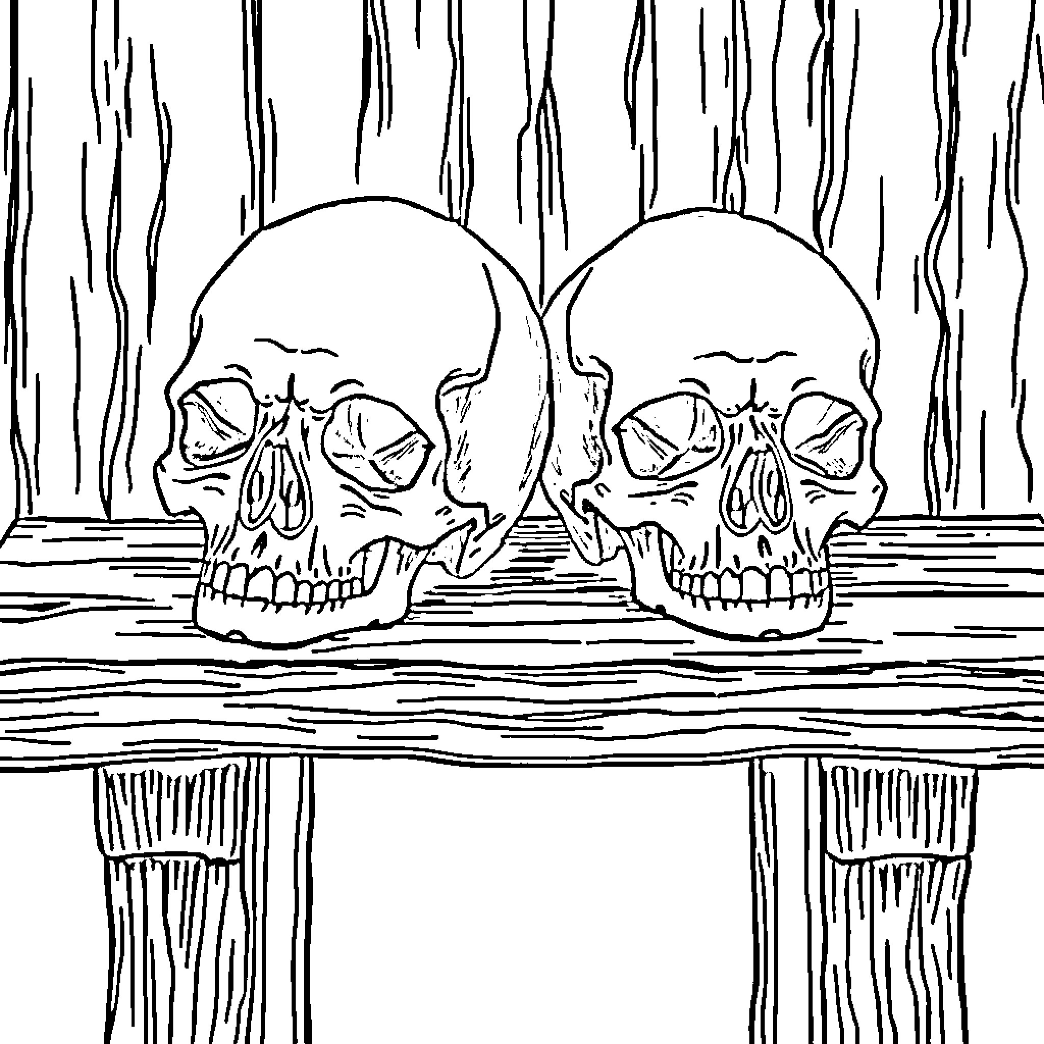 Skull duo in eerie wooden setting Coloring Page (free black-and-white line drawing printable PDF for all, from beginners to advanced learners, including children, teens, adults, and seniors)