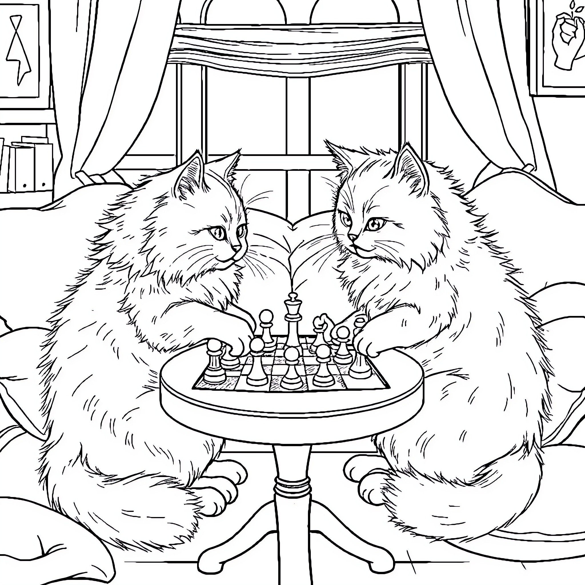 Cats playing chess indoors Coloring Page (free black-and-white line drawing printable PDF for all, from beginners to advanced learners, including children, teens, adults, and seniors)