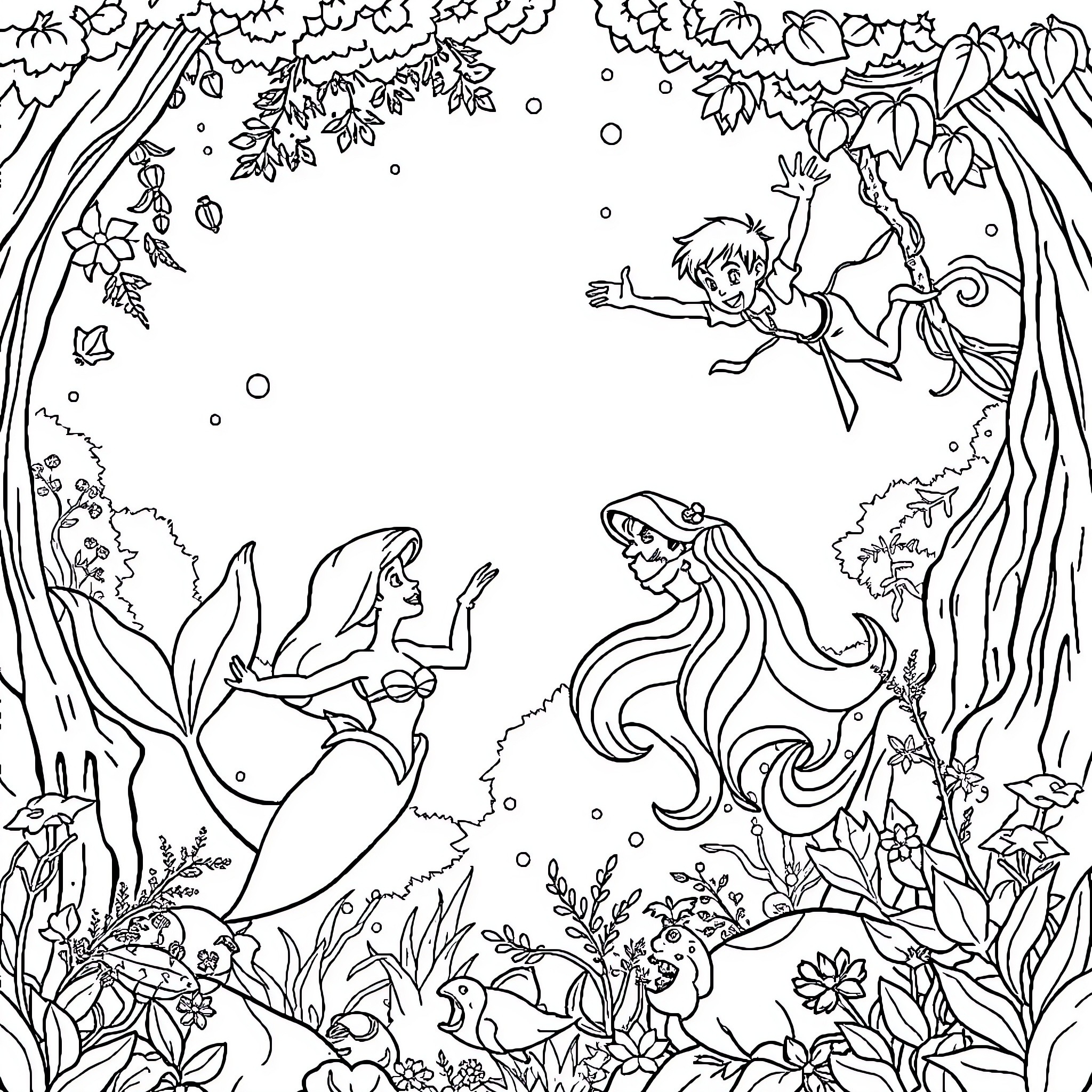 Mermaid exploring the enchanted underwater forest Coloring Page (free black-and-white line drawing printable PDF for all, from beginners to advanced learners, including children, teens, adults, and seniors)