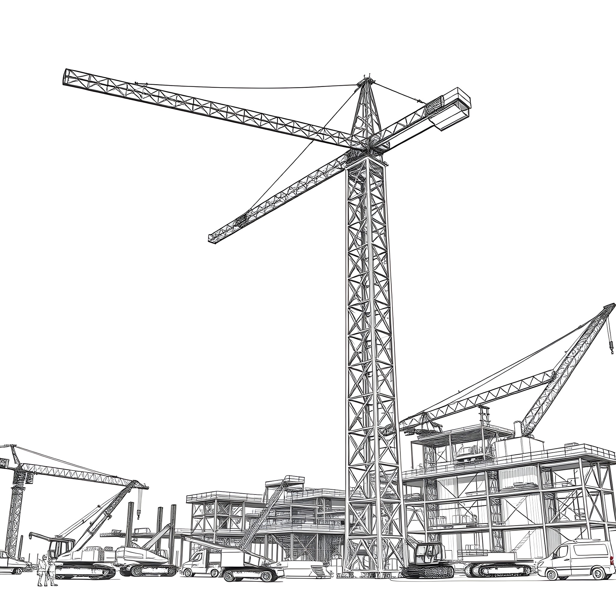 Lattice Boom Cranes at Construction Site Coloring Page (free black-and-white line drawing printable PDF for all, from beginners to advanced learners, including children, teens, adults, and seniors)