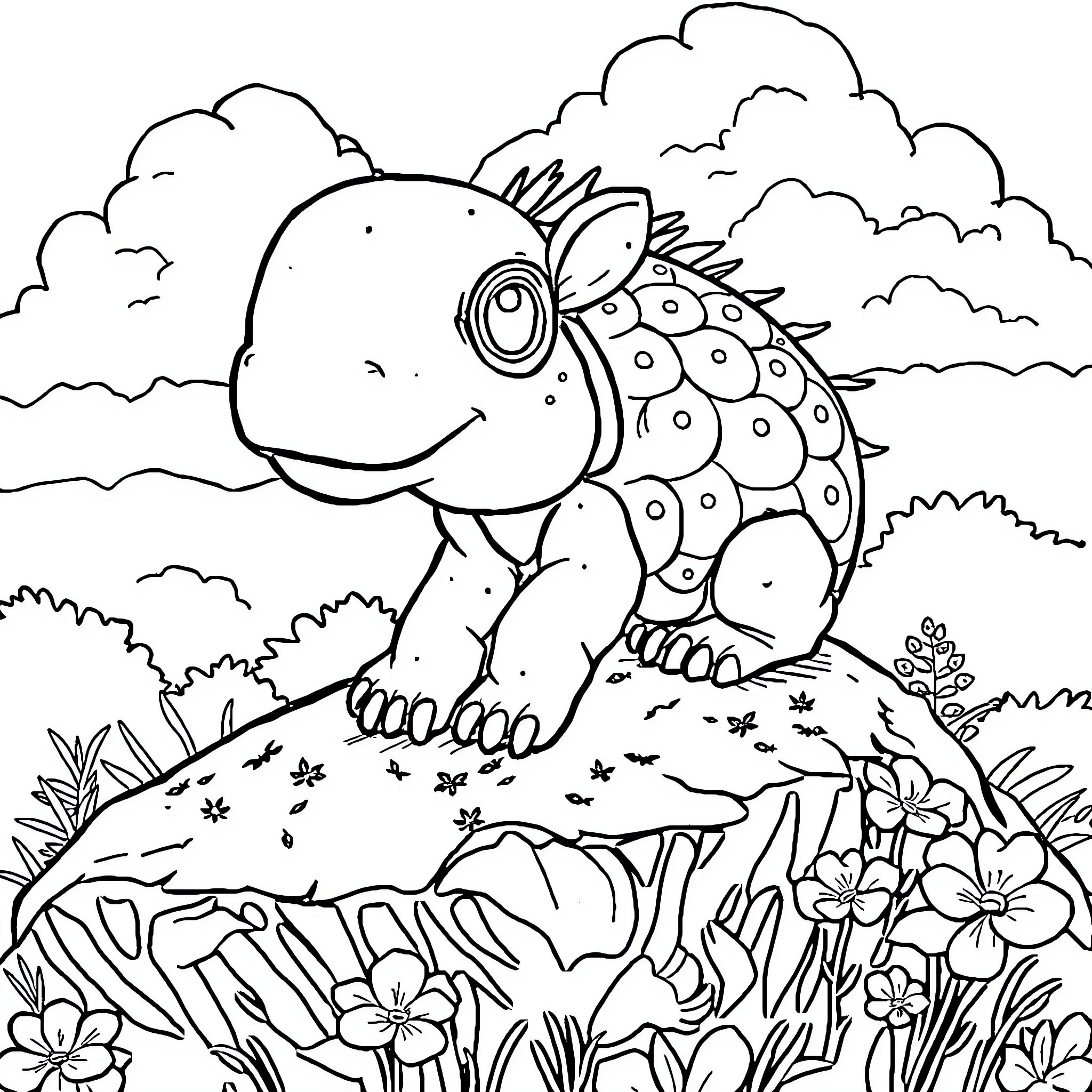Cow enjoying a sunny day in a flower meadow Coloring Page (free black-and-white line drawing printable PDF for all, from beginners to advanced learners, including children, teens, adults, and seniors)