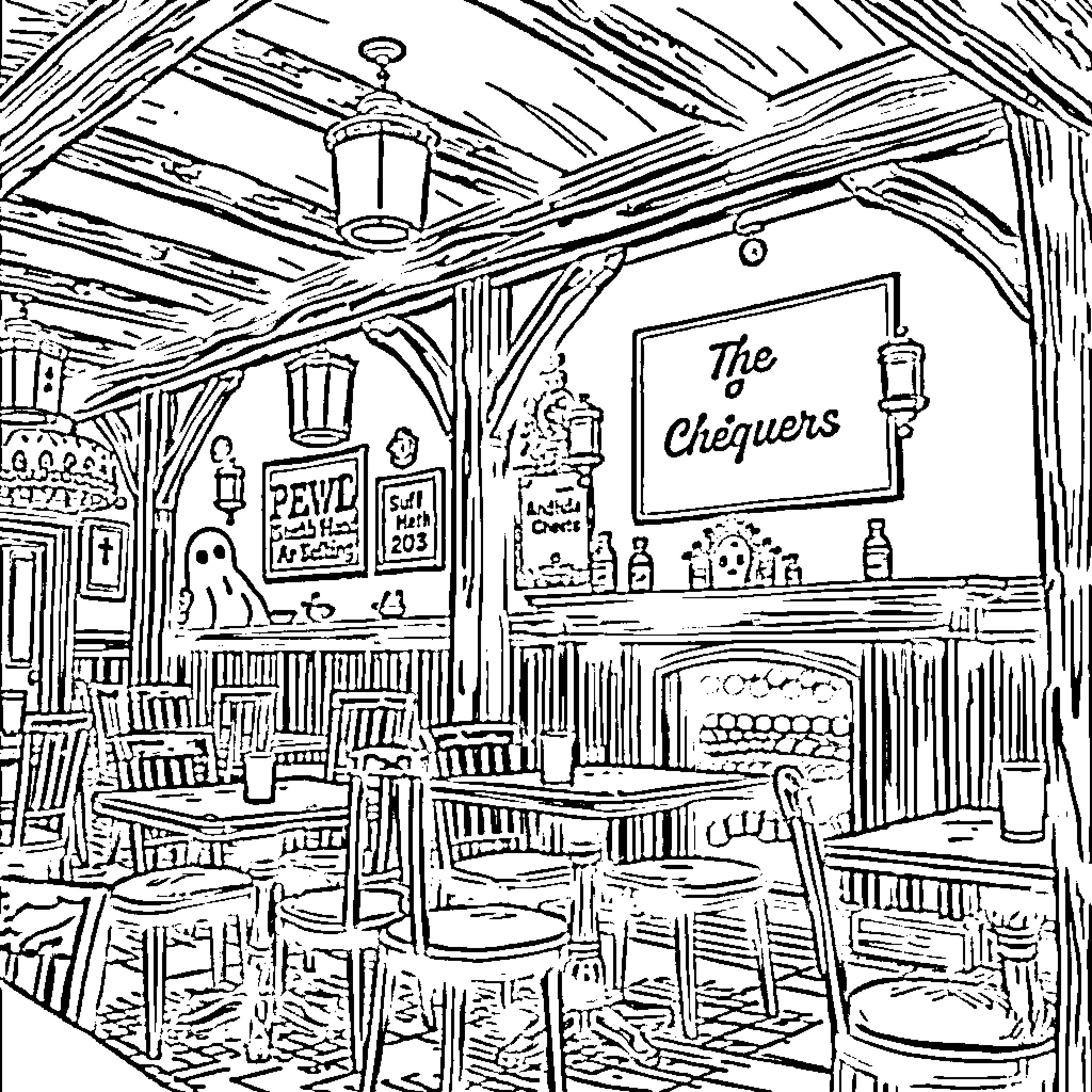 Pub scene with spooky decorations and chequers sign Coloring Page (free black-and-white line drawing printable PDF for all, from beginners to advanced learners, including children, teens, adults, and seniors)