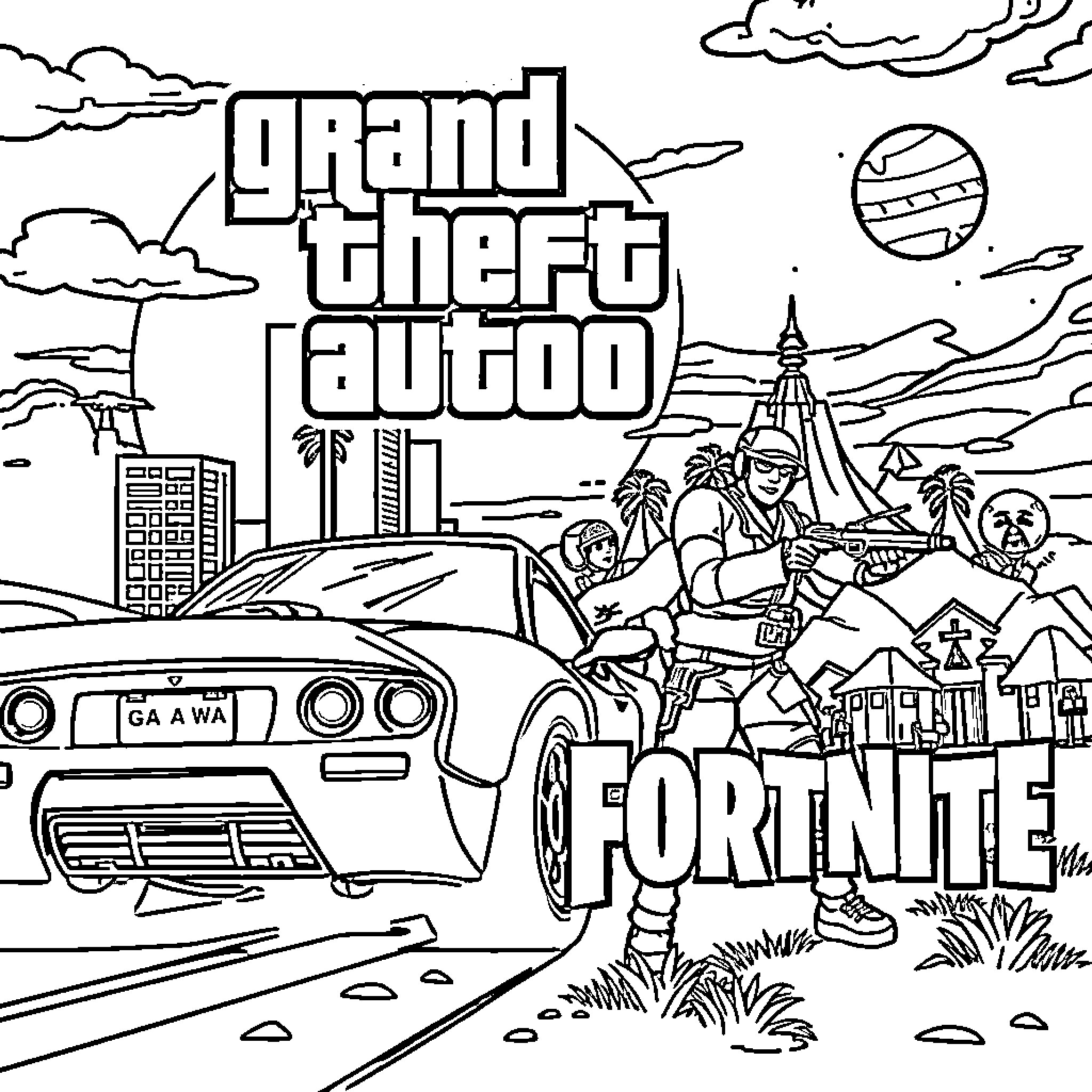 GTA-themed scene with car, city, and characters Coloring Page (free black-and-white line drawing printable PDF for all, from beginners to advanced learners, including children, teens, adults, and seniors)